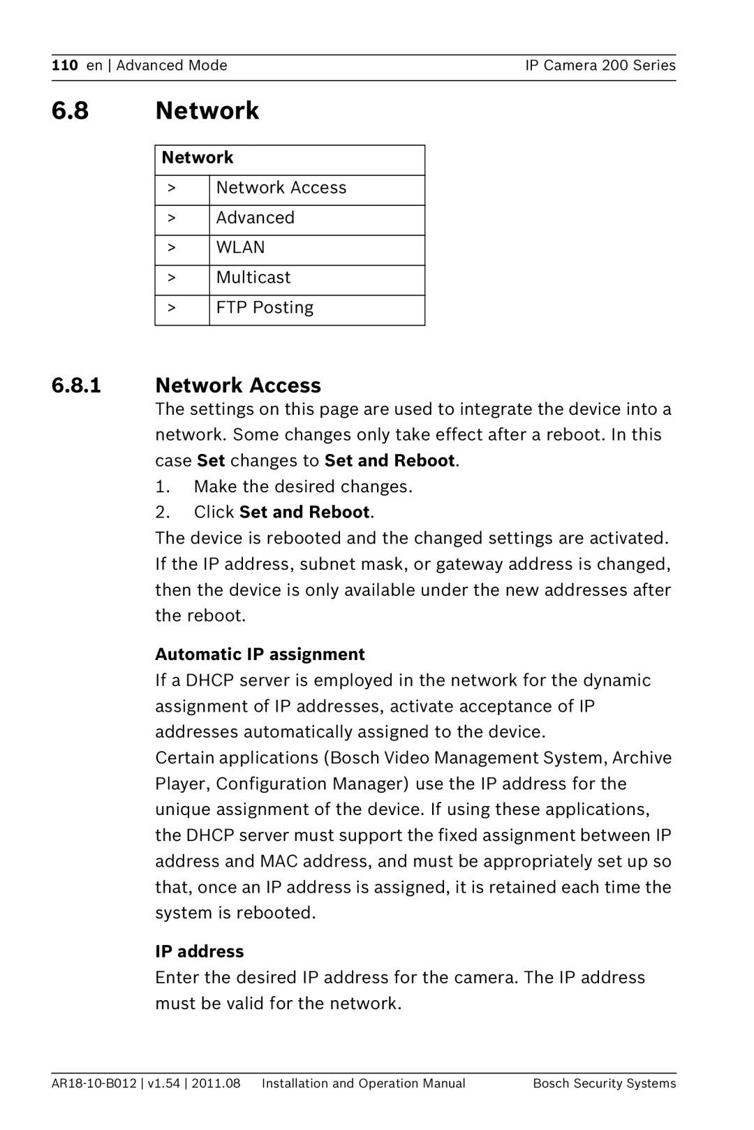 Bosch Appliances NBC-265-W operation manual Network Access, Automatic IP assignment 