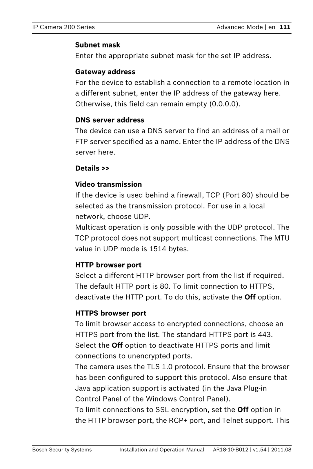 Bosch Appliances NBC-265-W DNS server address, Details Video transmission, Http browser port, Https browser port 