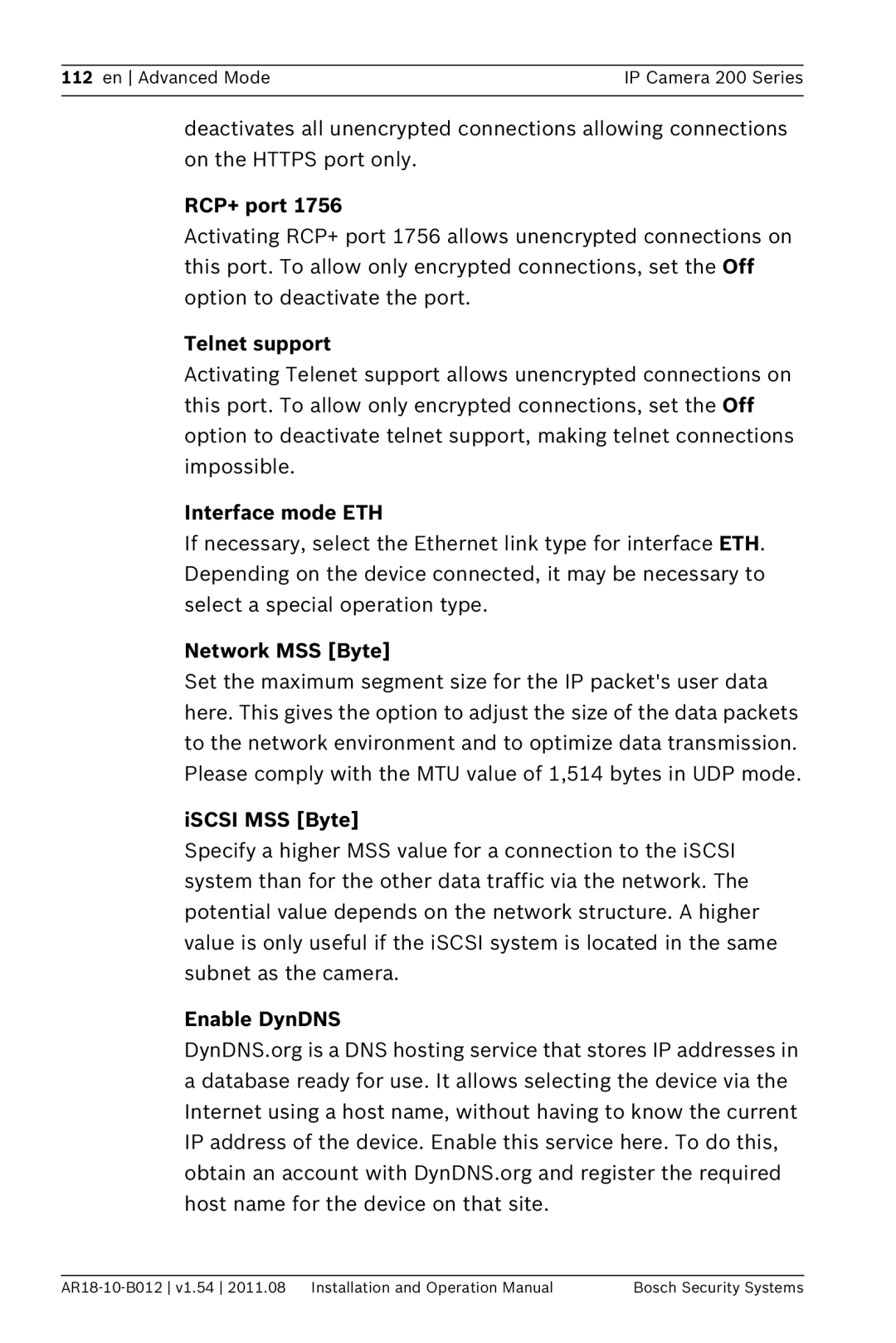 Bosch Appliances NBC-265-W RCP+ port, Telnet support, Interface mode ETH, Network MSS Byte, ISCSI MSS Byte, Enable DynDNS 