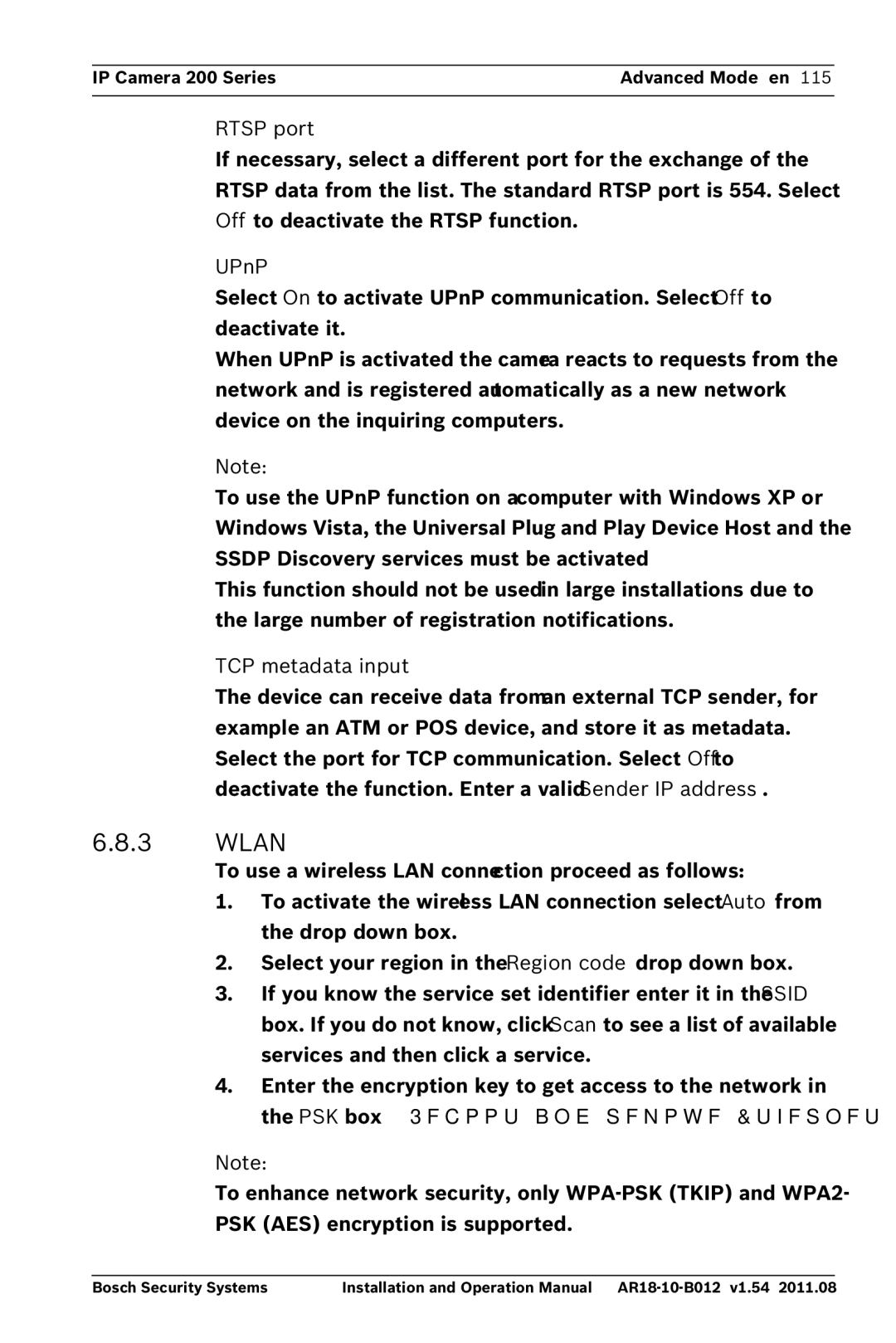 Bosch Appliances NBC-265-W operation manual Wlan, Rtsp port, UPnP, TCP metadata input 