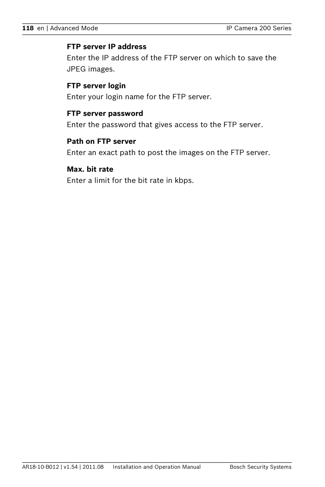 Bosch Appliances NBC-265-W FTP server IP address, FTP server login, FTP server password, Path on FTP server, Max. bit rate 