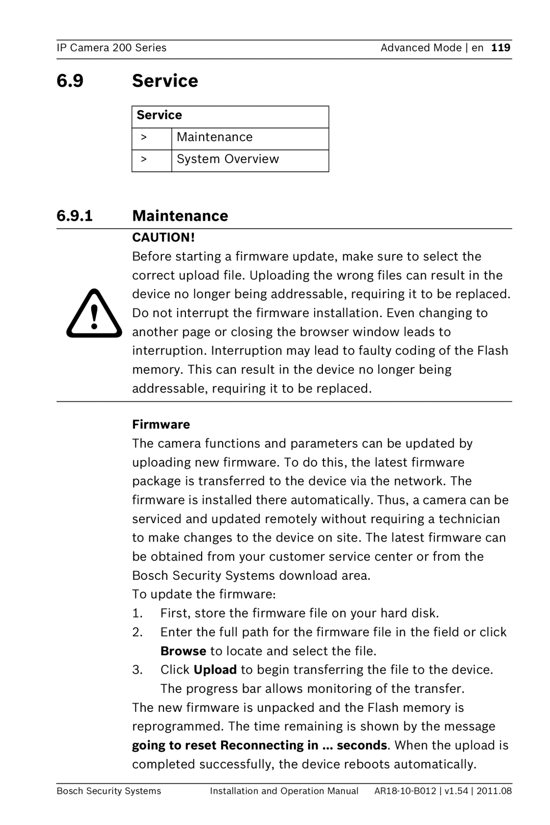 Bosch Appliances NBC-265-W operation manual Service, Maintenance, Firmware 