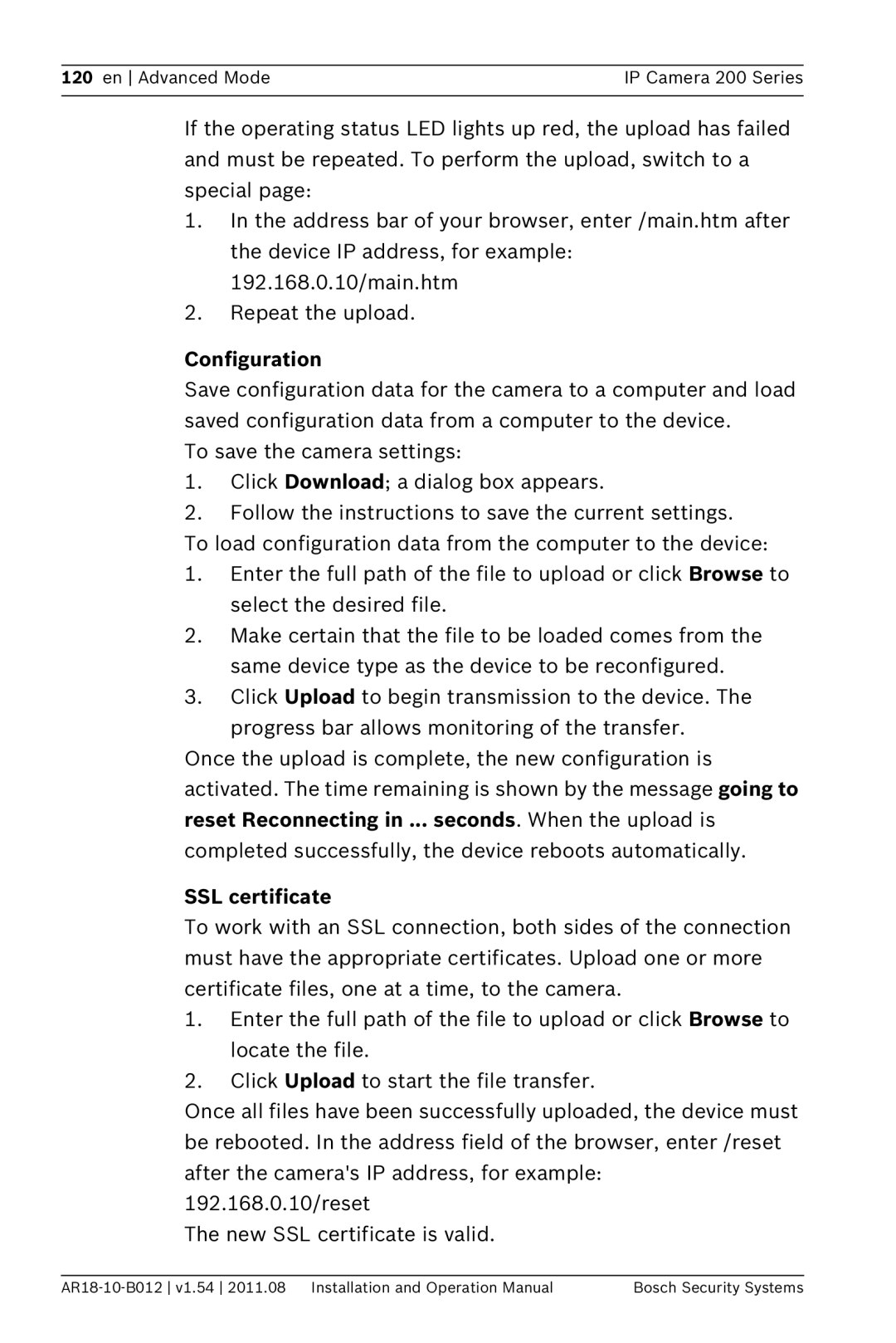 Bosch Appliances NBC-265-W operation manual Configuration, SSL certificate 