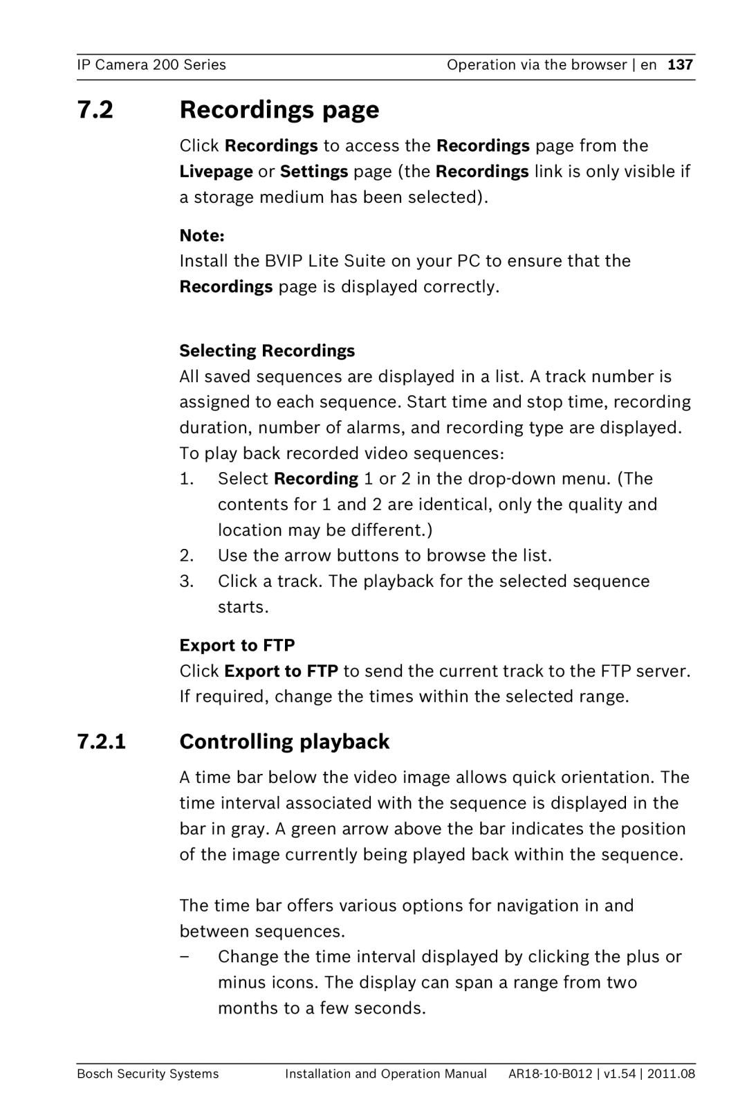 Bosch Appliances NBC-265-W operation manual Controlling playback, Selecting Recordings, Export to FTP 