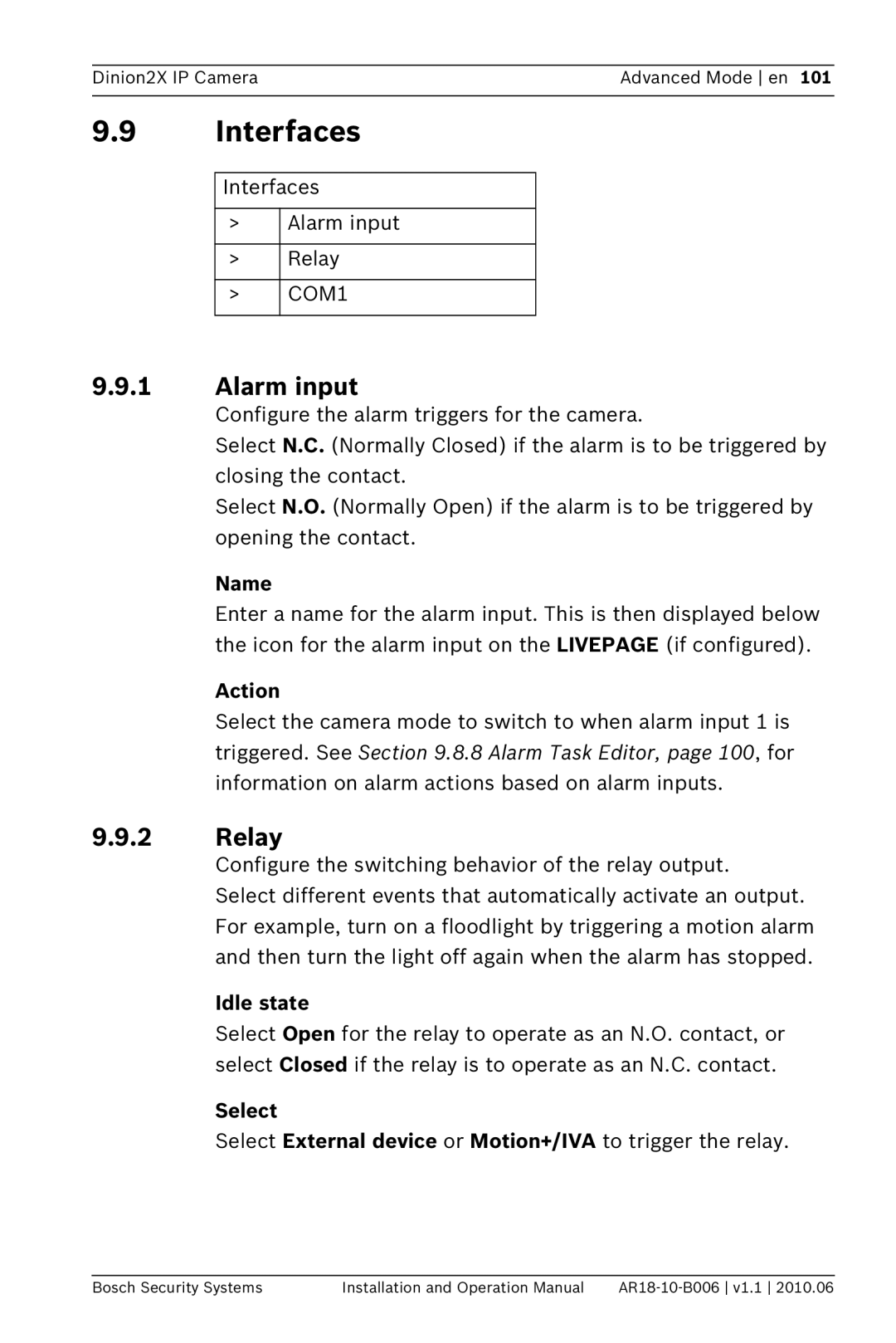 Bosch Appliances NBN-498 operation manual Interfaces, Alarm input, Relay 