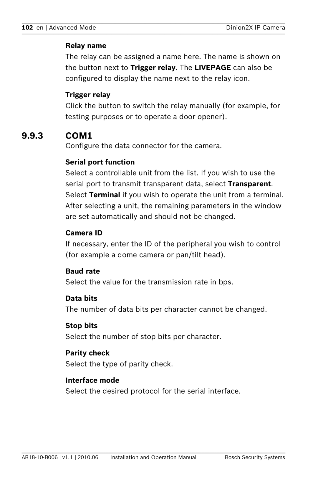 Bosch Appliances NBN-498 operation manual 3 COM1 