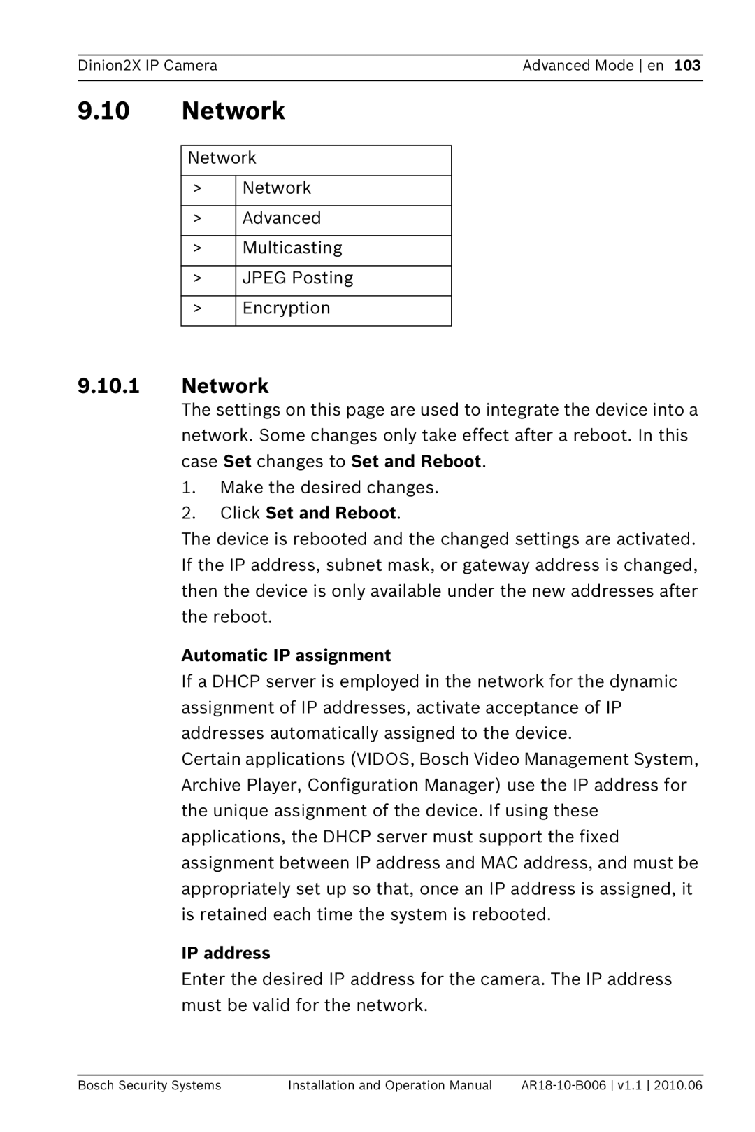 Bosch Appliances NBN-498 operation manual Network, Automatic IP assignment 