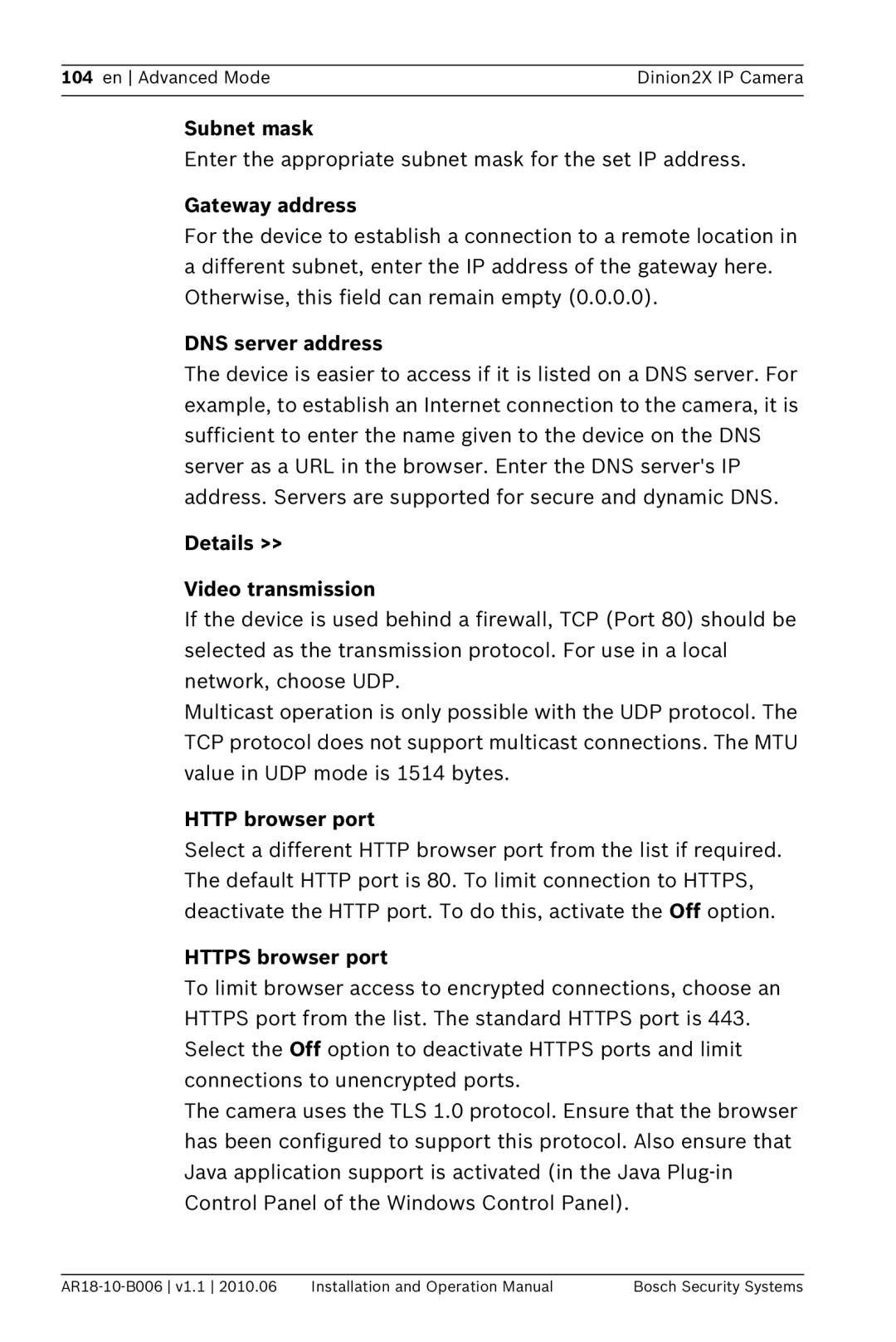 Bosch Appliances NBN-498 DNS server address, Details Video transmission, Http browser port, Https browser port 