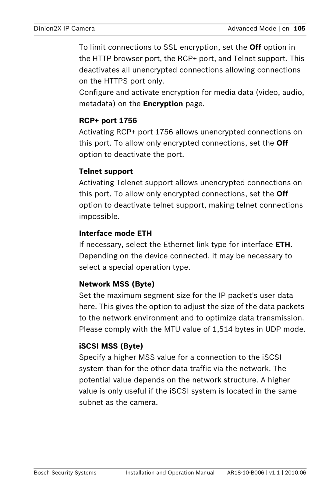 Bosch Appliances NBN-498 operation manual RCP+ port, Telnet support, Interface mode ETH, Network MSS Byte, ISCSI MSS Byte 