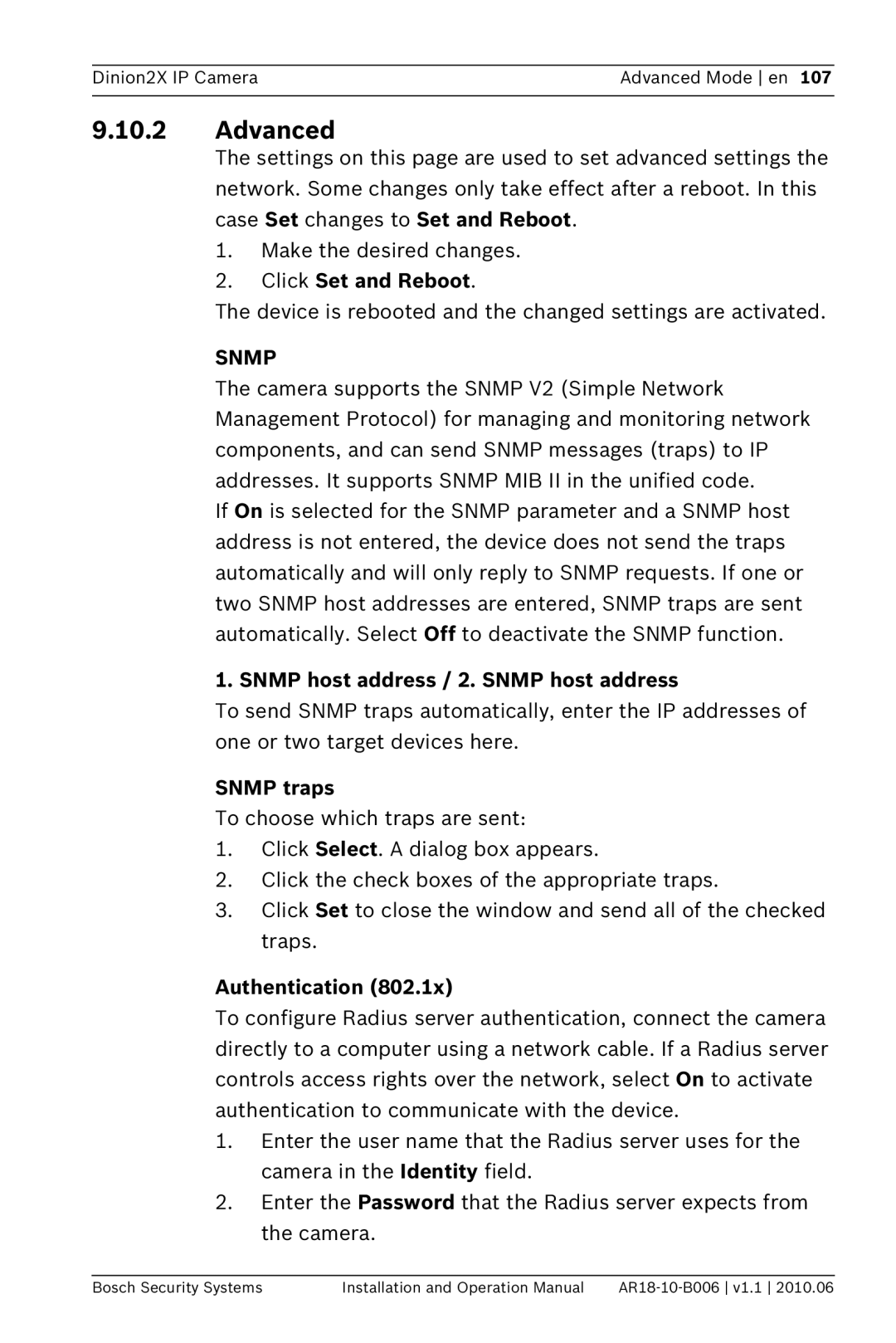 Bosch Appliances NBN-498 operation manual Advanced, Snmp host address / 2. Snmp host address, Snmp traps, Authentication 