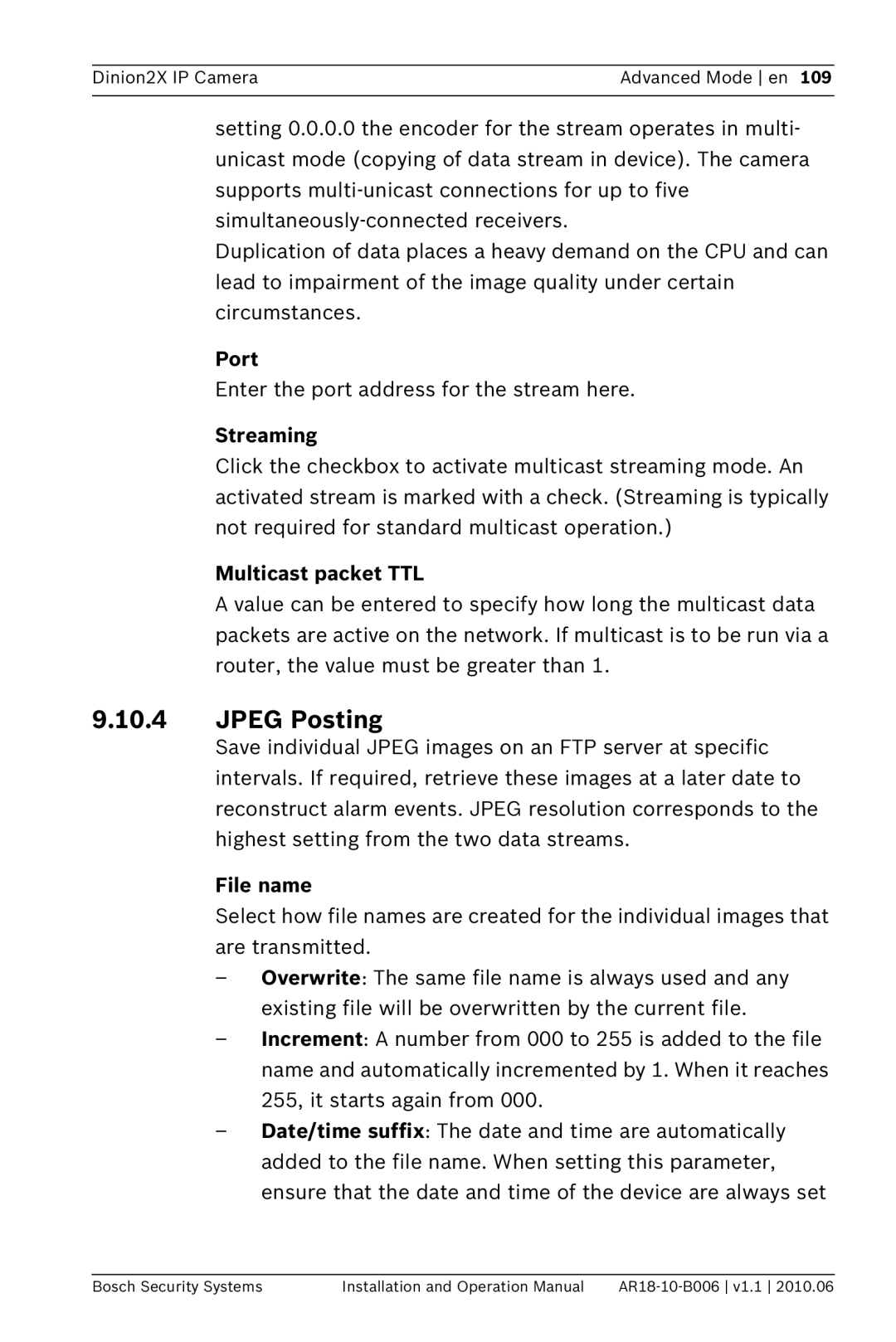 Bosch Appliances NBN-498 operation manual Jpeg Posting, Port, Streaming, Multicast packet TTL, File name 