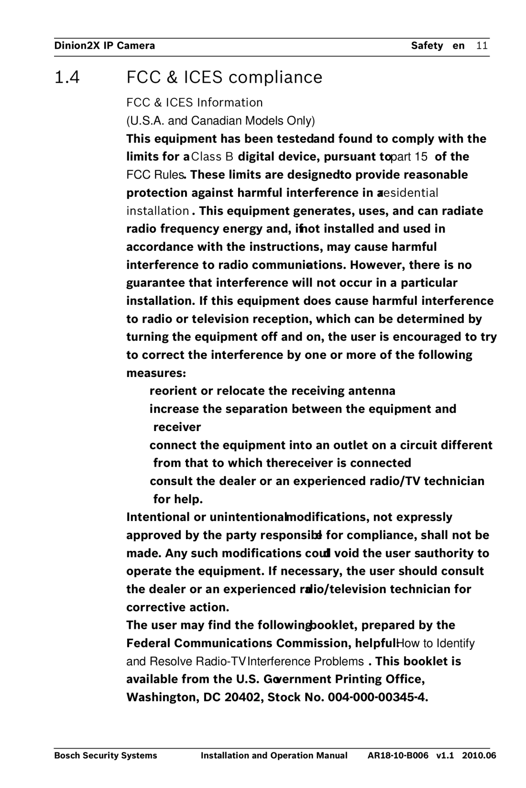 Bosch Appliances NBN-498 operation manual FCC & Ices compliance, FCC & Ices Information 