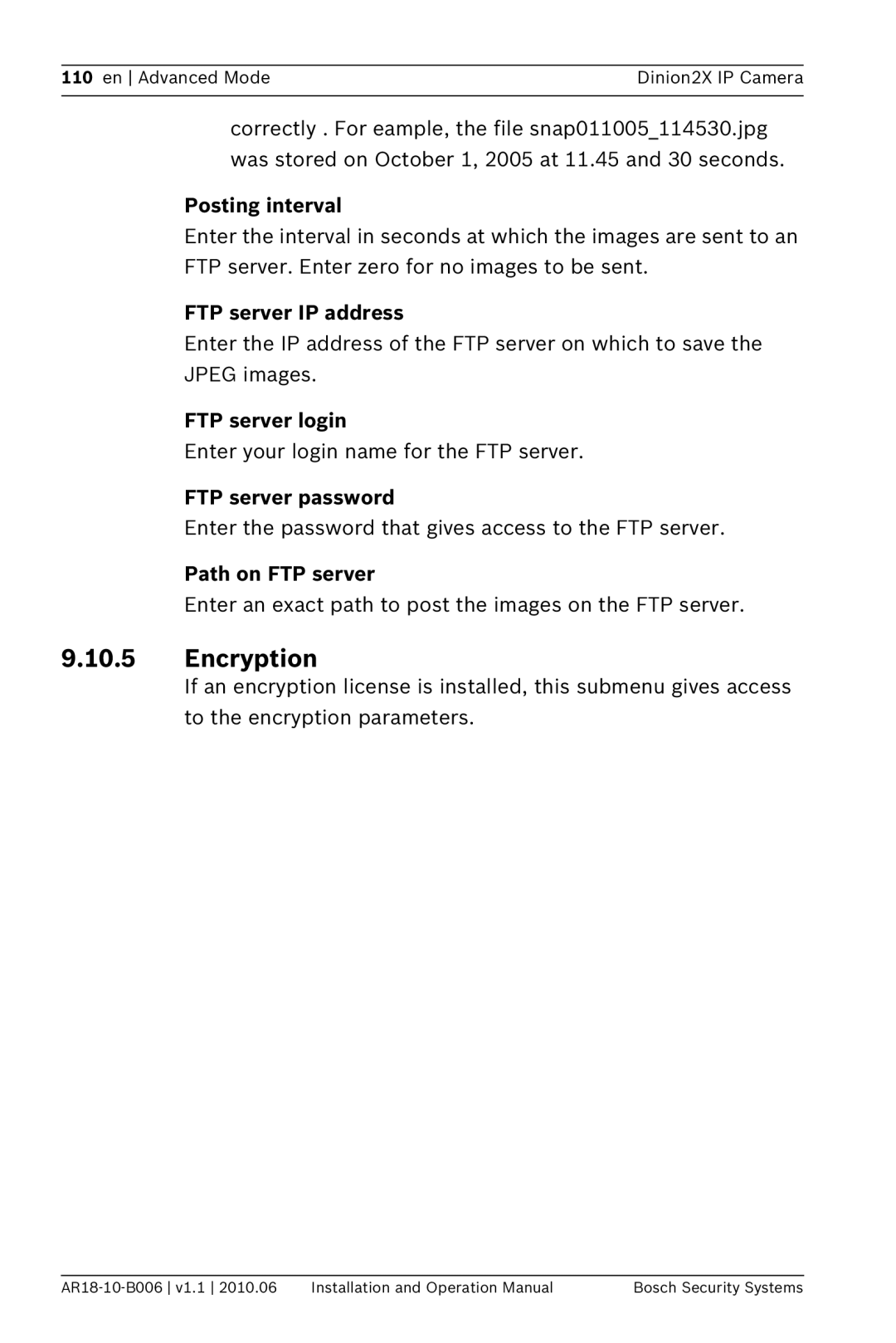 Bosch Appliances NBN-498 operation manual Posting interval, FTP server IP address, FTP server login, FTP server password 