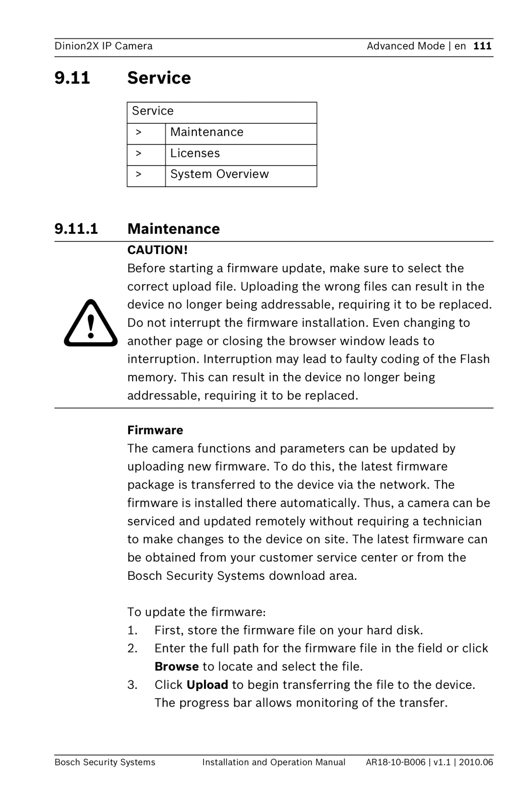 Bosch Appliances NBN-498 operation manual Service, Maintenance, Firmware 