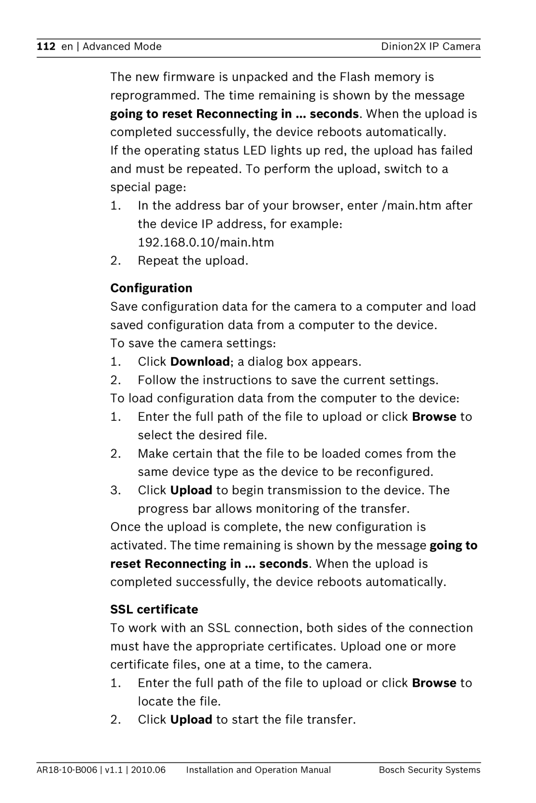 Bosch Appliances NBN-498 operation manual Configuration, SSL certificate 