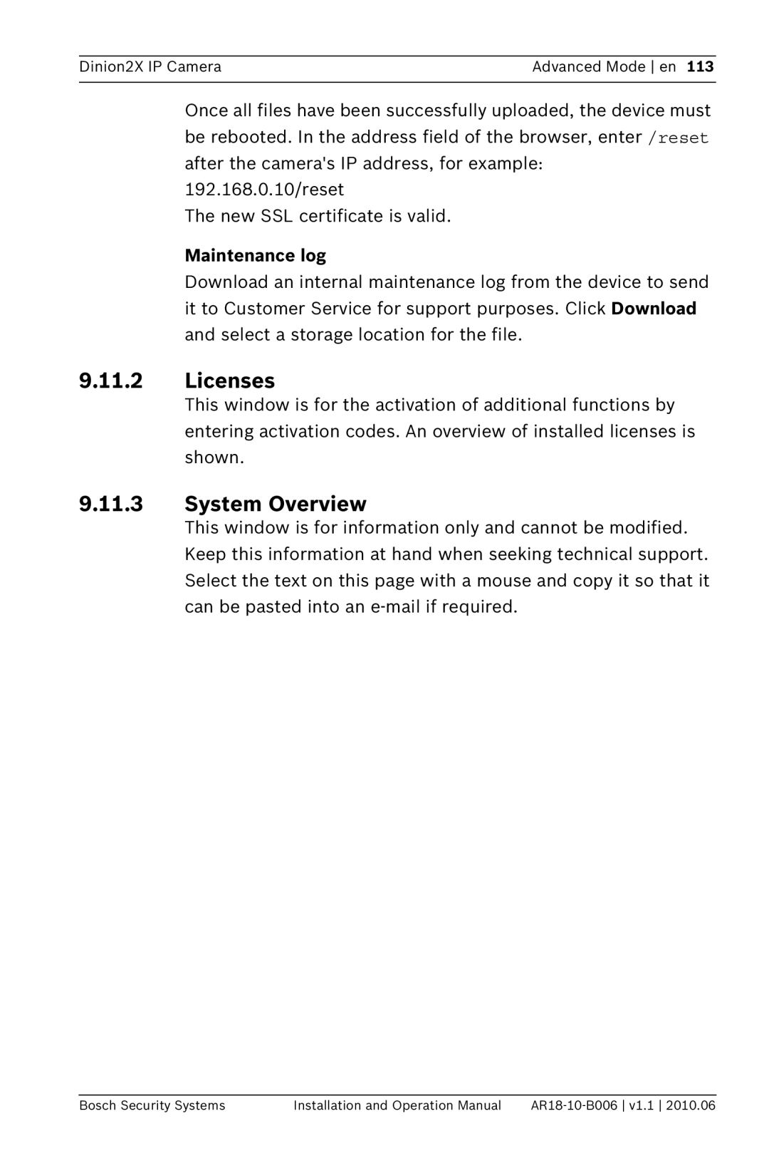 Bosch Appliances NBN-498 operation manual Licenses, System Overview, Maintenance log 