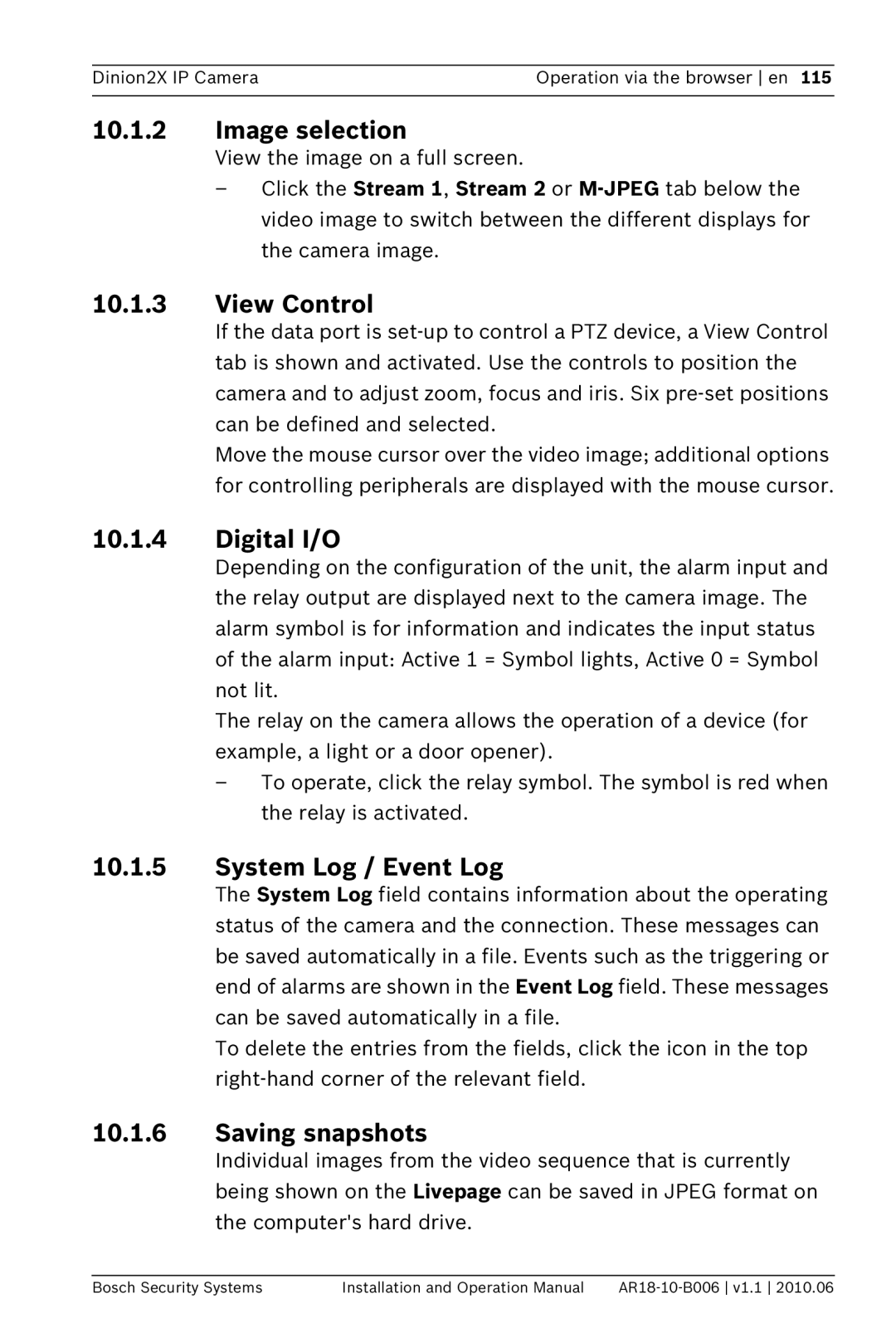 Bosch Appliances NBN-498 Image selection, View Control, Digital I/O, System Log / Event Log, Saving snapshots 