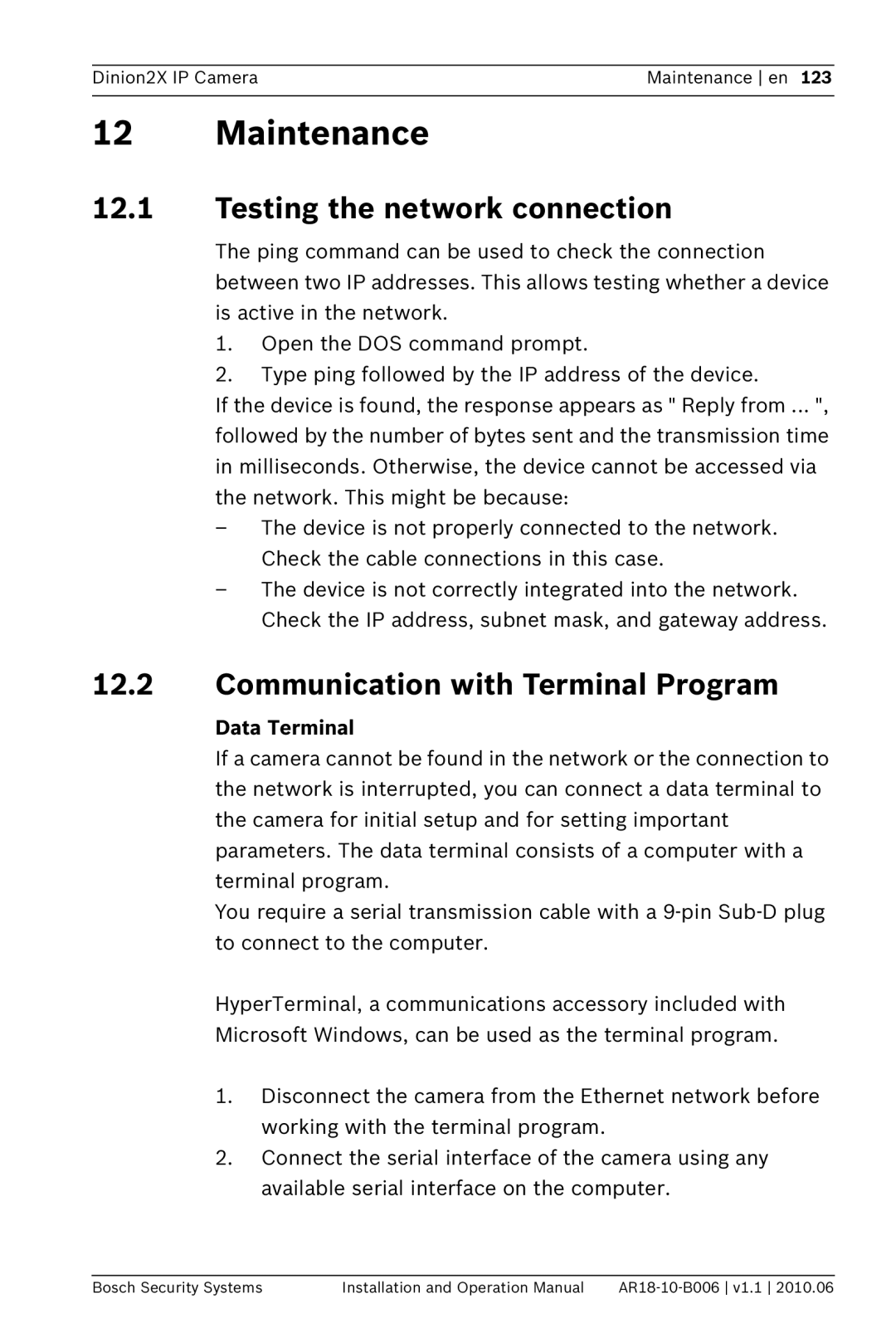 Bosch Appliances NBN-498 Maintenance, Testing the network connection, Communication with Terminal Program, Data Terminal 