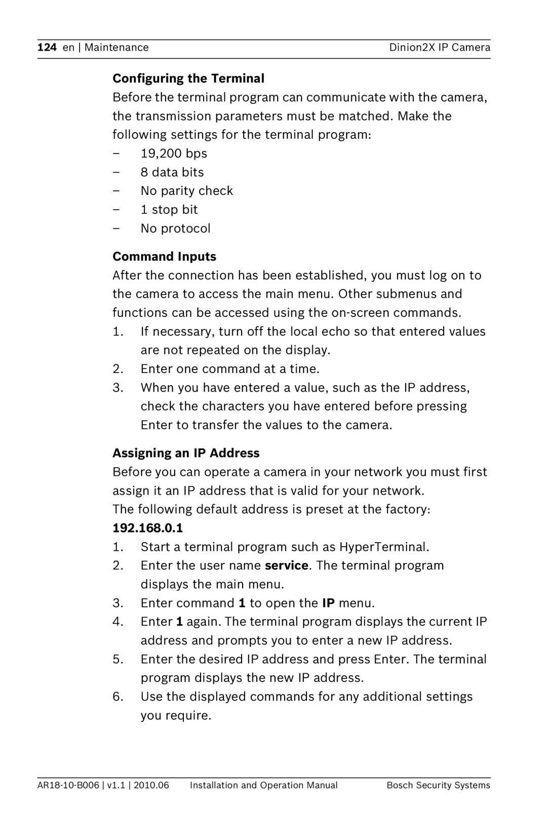 Bosch Appliances NBN-498 operation manual Configuring the Terminal, Command Inputs, Assigning an IP Address, 192.168.0.1 