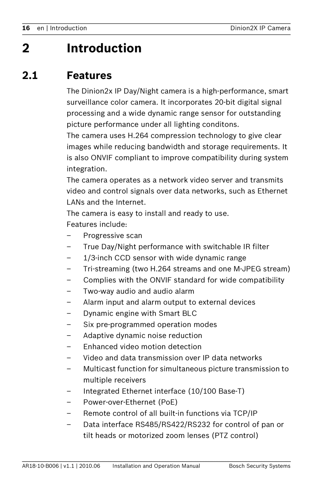 Bosch Appliances NBN-498 operation manual Introduction, Features 