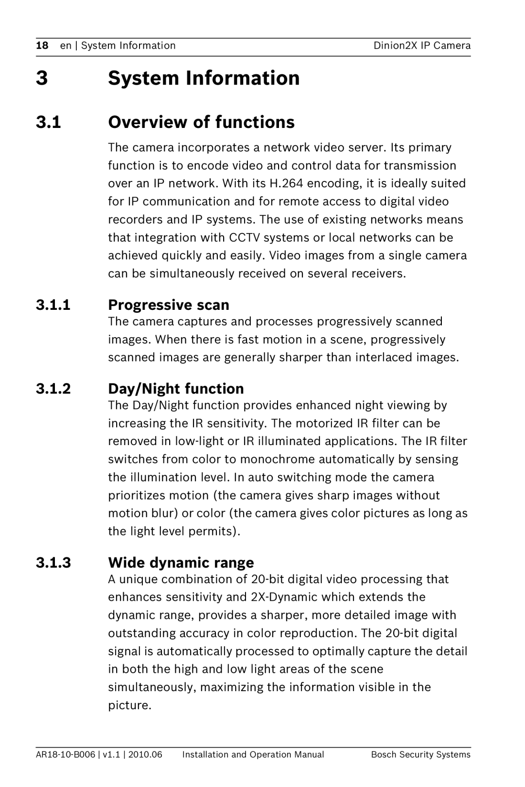 Bosch Appliances NBN-498 operation manual System Information, Overview of functions, Progressive scan, 2 Day/Night function 