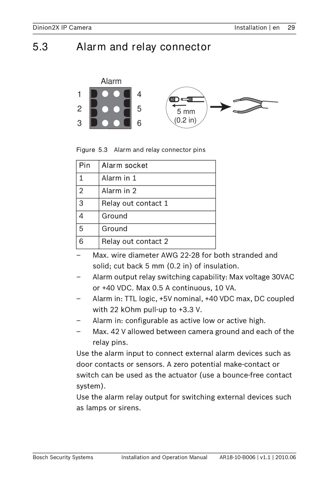 Bosch Appliances NBN-498 operation manual Alarm and relay connector, Pin Alarm socket 