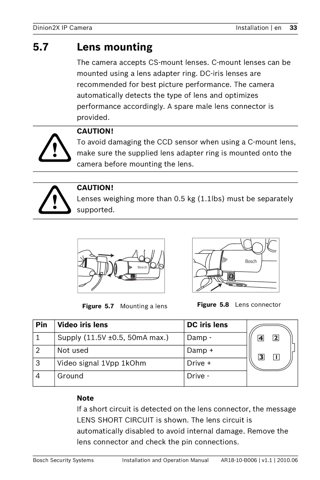 Bosch Appliances NBN-498 operation manual Lens mounting, Pin Video iris lens DC iris lens 