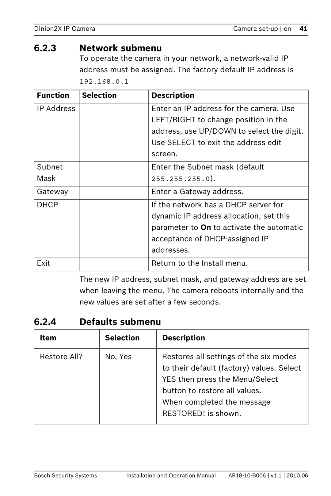 Bosch Appliances NBN-498 operation manual Network submenu, Defaults submenu, Function Selection Description, Dhcp 