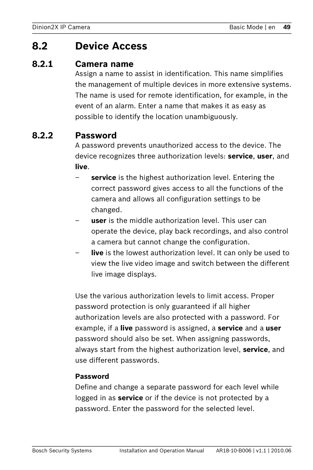 Bosch Appliances NBN-498 operation manual Device Access, Camera name, Password, Live 