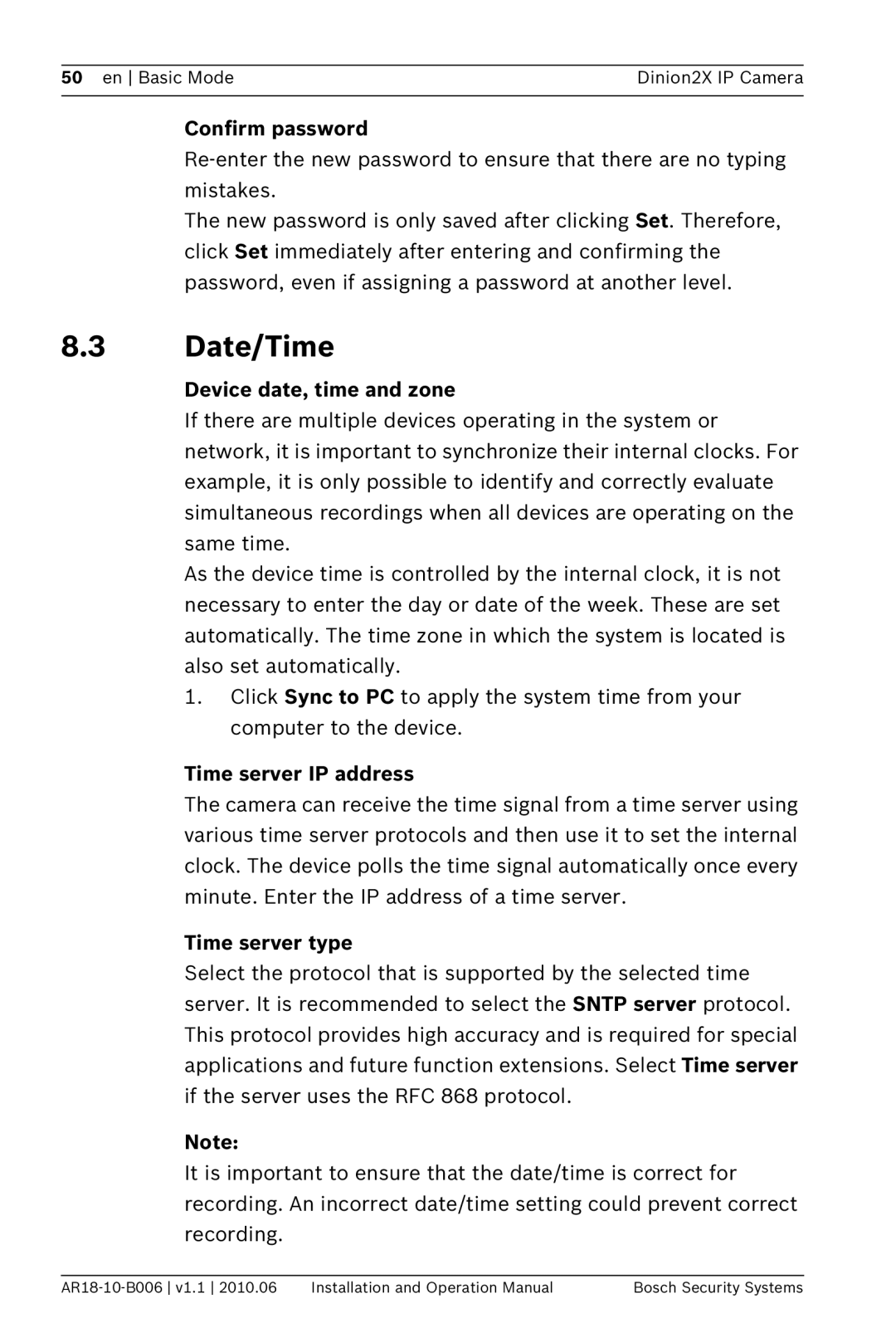 Bosch Appliances NBN-498 Date/Time, Confirm password, Device date, time and zone, Time server IP address, Time server type 