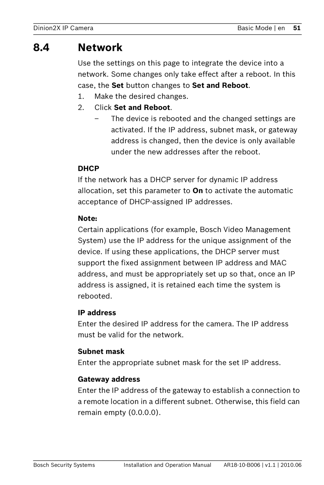 Bosch Appliances NBN-498 operation manual Network, Click Set and Reboot, IP address, Subnet mask, Gateway address 