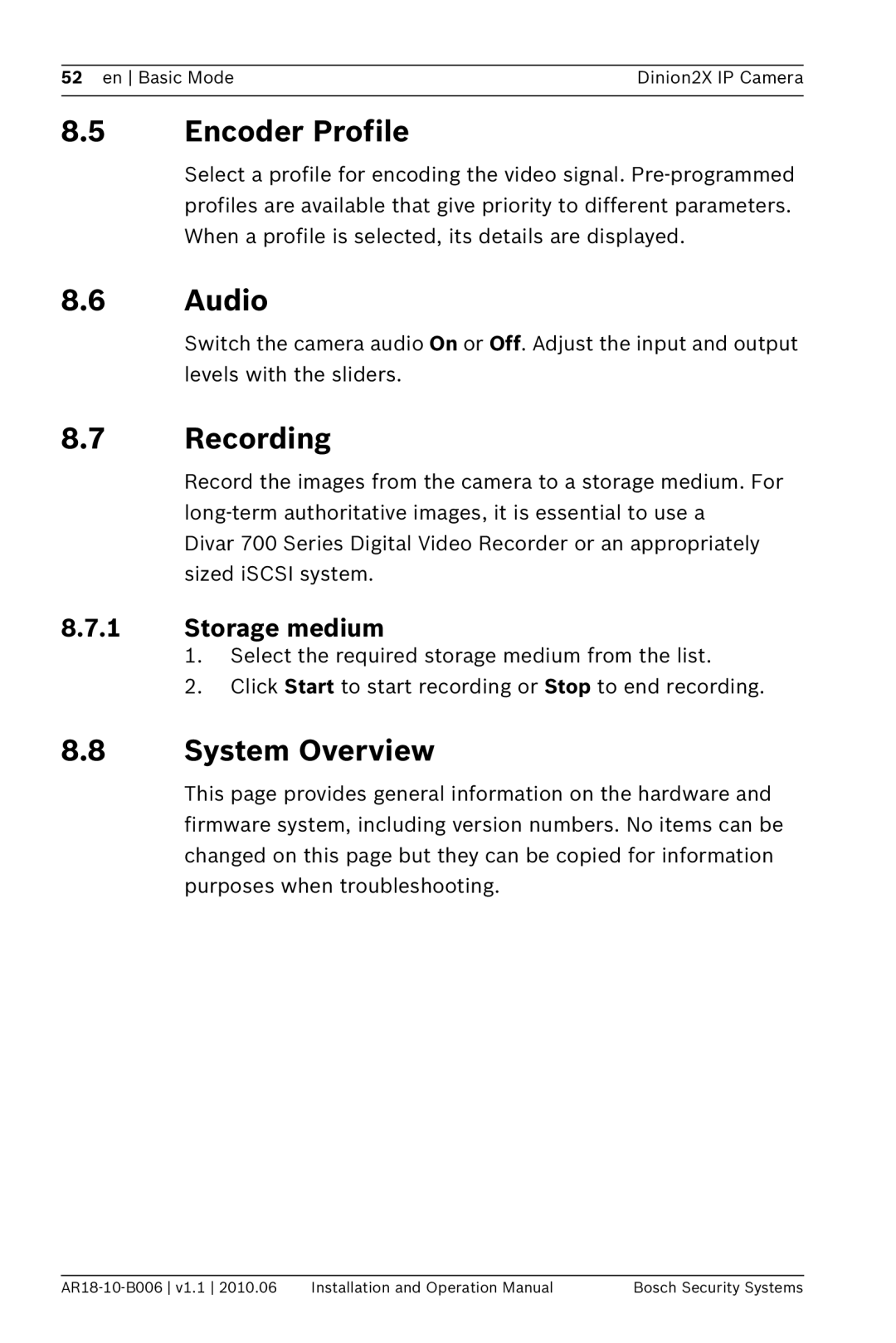 Bosch Appliances NBN-498 operation manual Encoder Profile, Audio, Recording, System Overview, Storage medium 