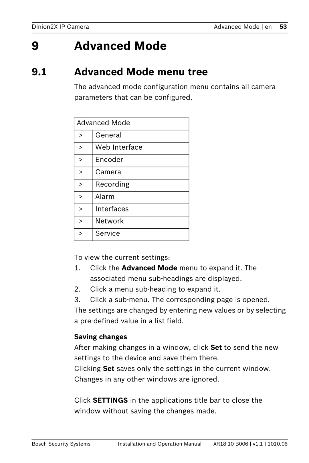 Bosch Appliances NBN-498 operation manual Advanced Mode menu tree 