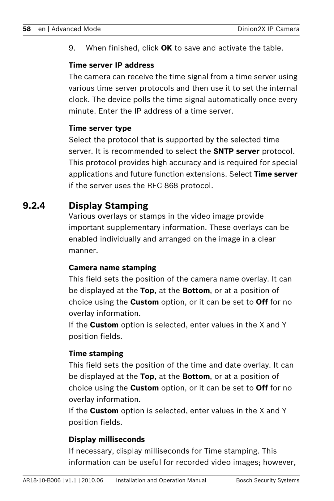 Bosch Appliances NBN-498 operation manual Display Stamping, Camera name stamping, Time stamping, Display milliseconds 