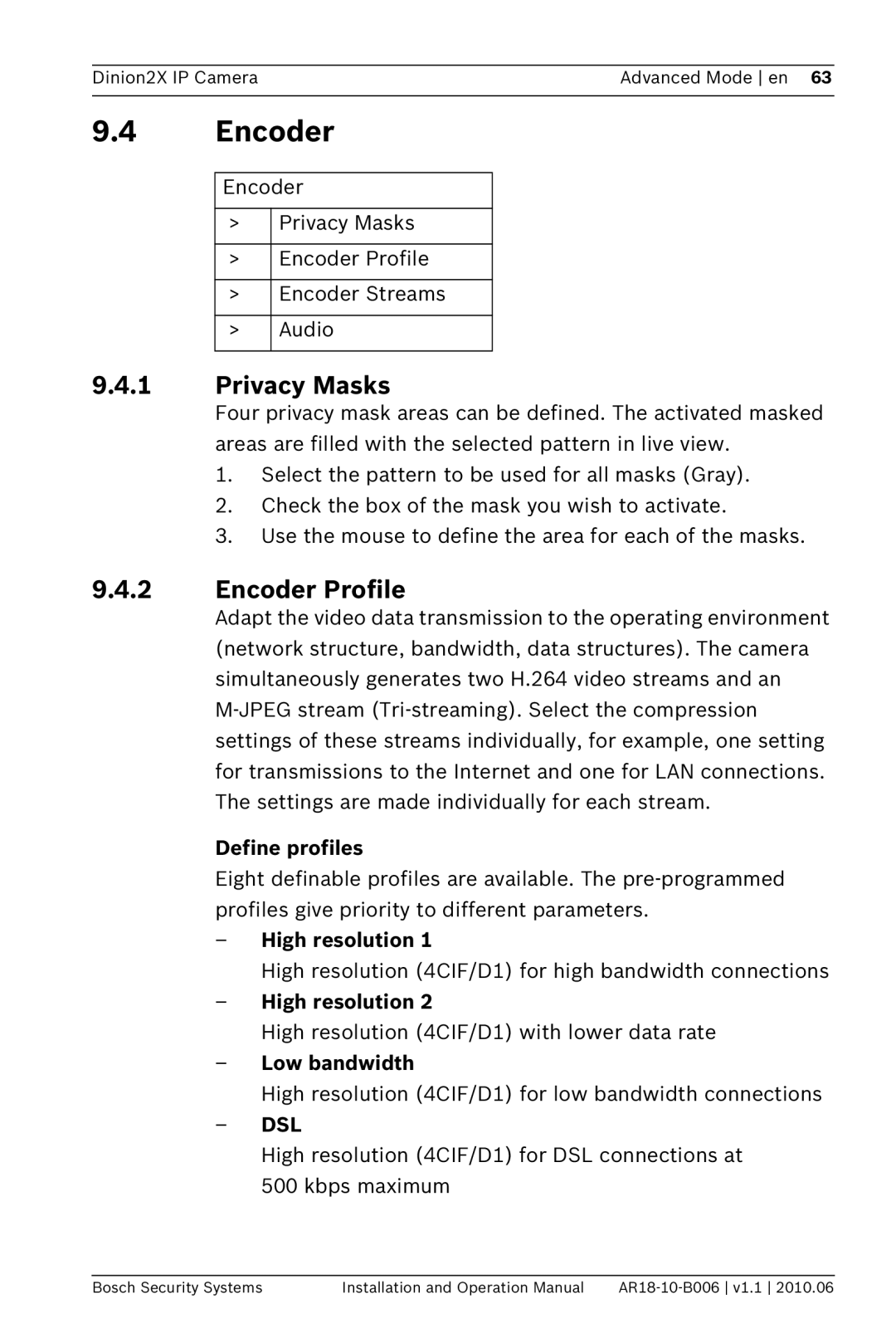 Bosch Appliances NBN-498 operation manual Privacy Masks, Encoder Profile 