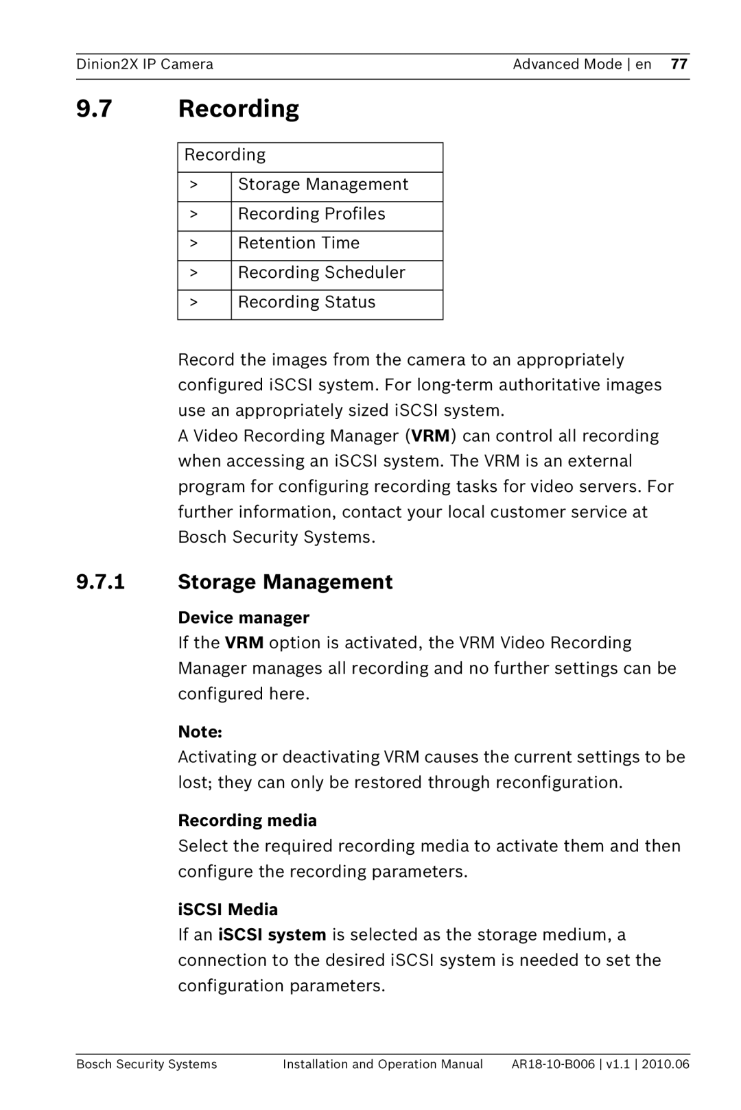 Bosch Appliances NBN-498 operation manual Storage Management, Device manager, Recording media, ISCSI Media 