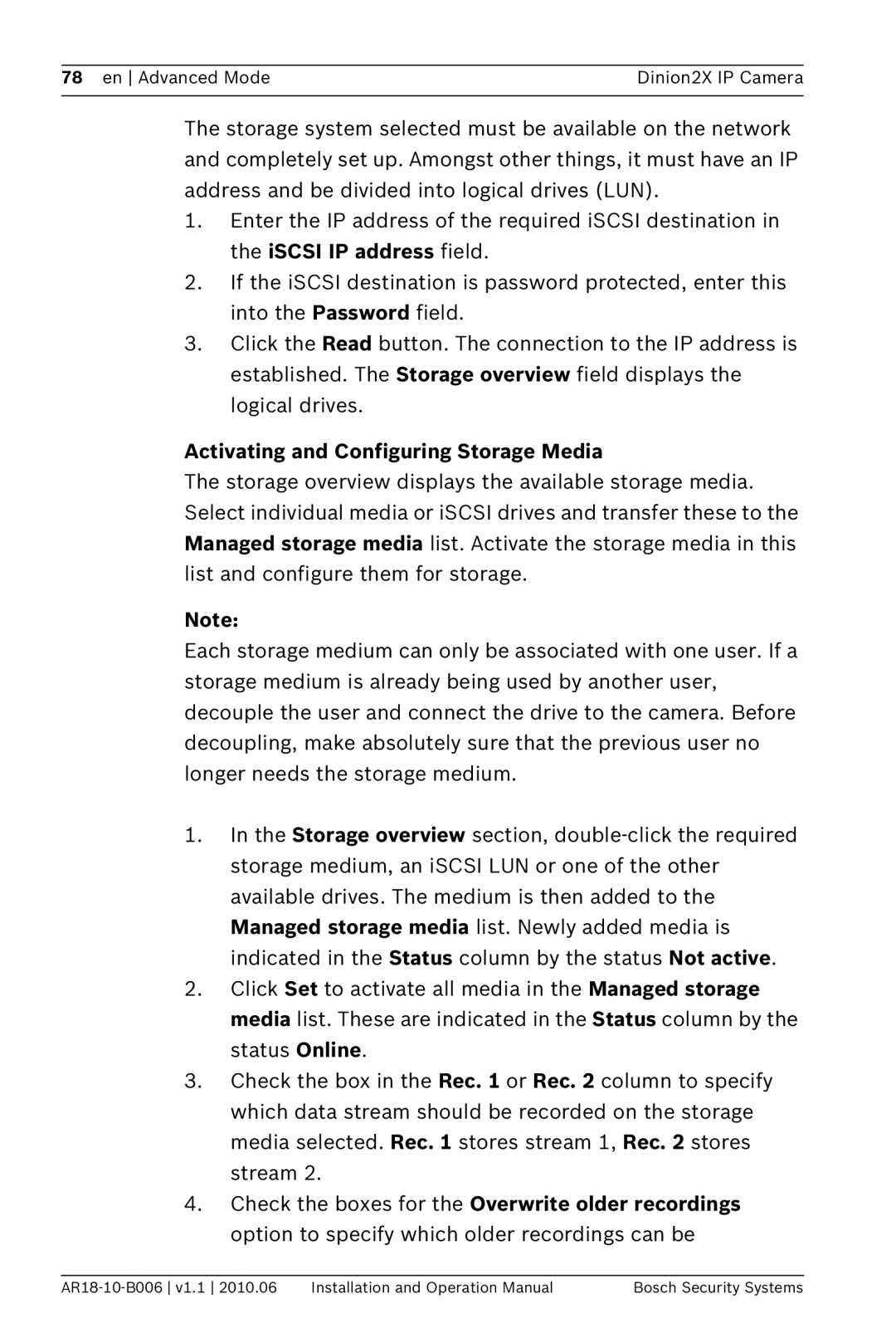 Bosch Appliances NBN-498 operation manual Activating and Configuring Storage Media 