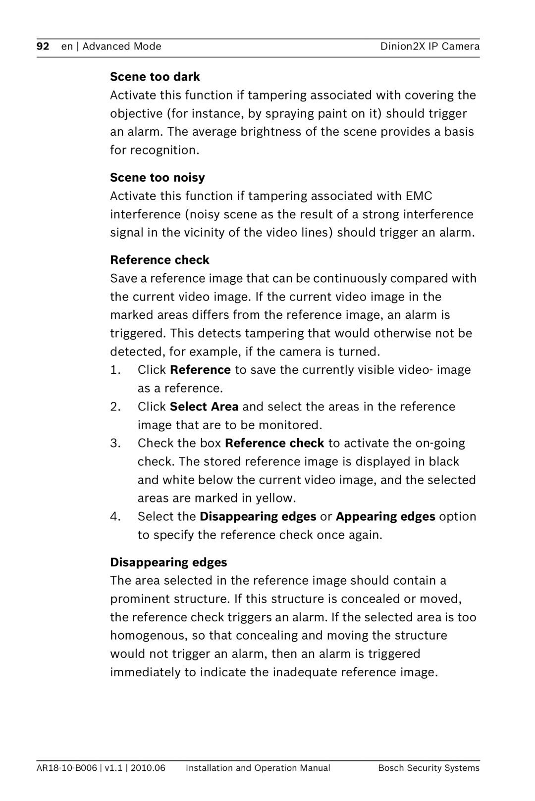 Bosch Appliances NBN-498 operation manual Scene too dark, Scene too noisy, Reference check 