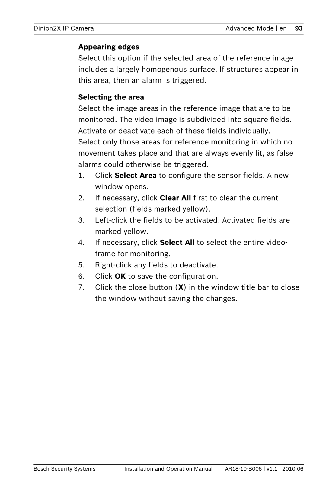 Bosch Appliances NBN-498 operation manual Appearing edges, Selecting the area 