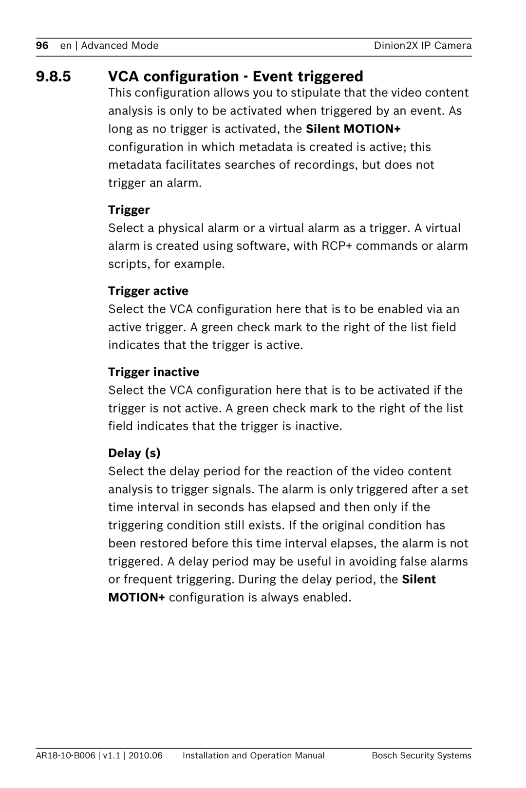 Bosch Appliances NBN-498 operation manual VCA configuration Event triggered, Trigger active, Trigger inactive, Delay s 