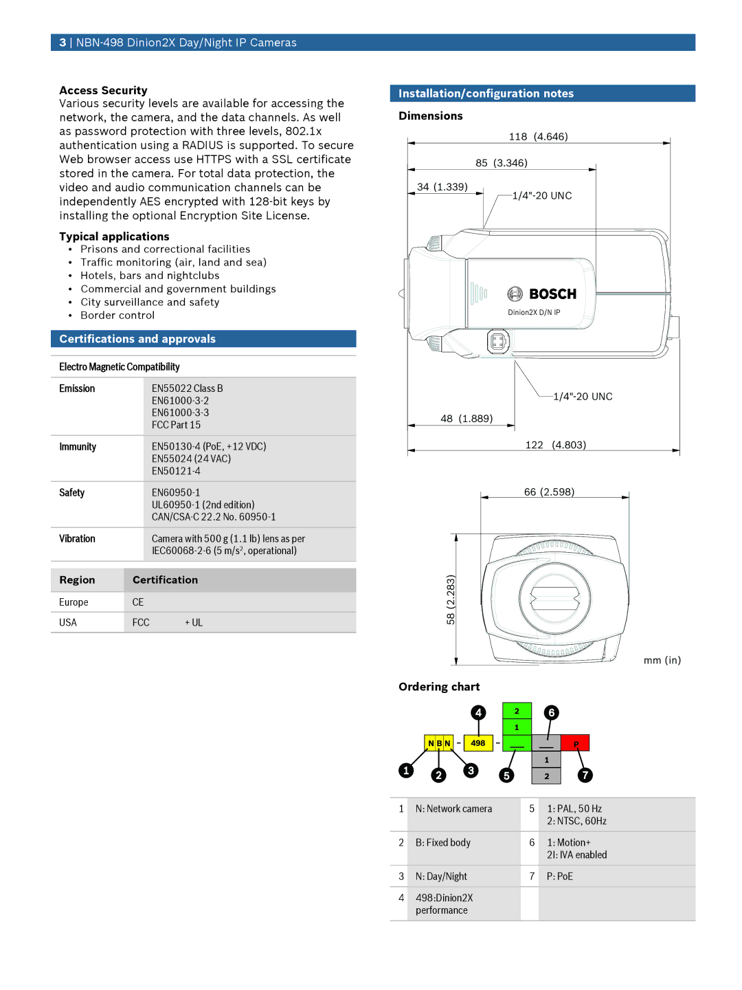 Bosch Appliances NBN-498 manual Certifications and approvals, Installation/configuration notes 