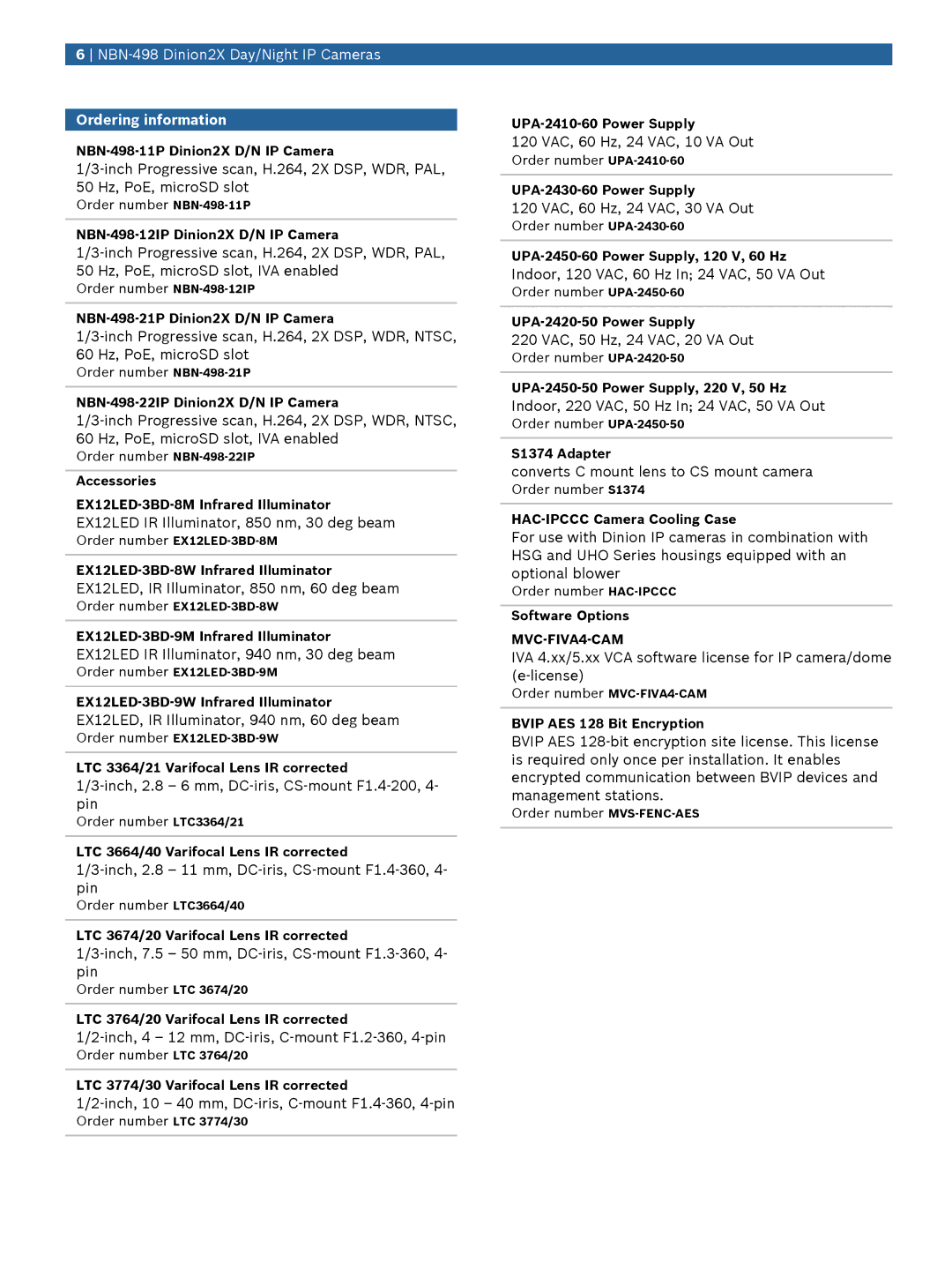 Bosch Appliances NBN-498 manual Ordering information 