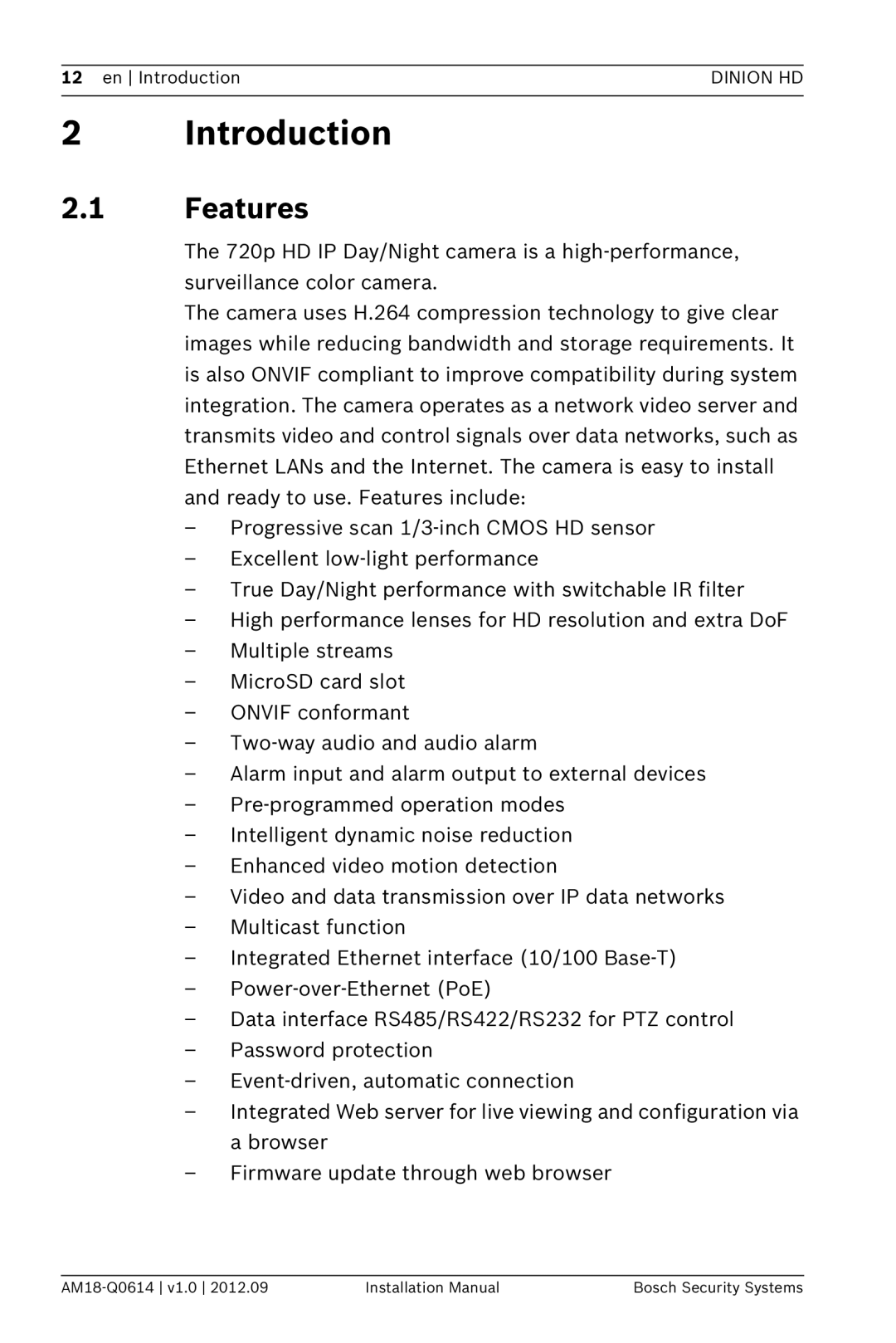 Bosch Appliances NBN-733 installation manual Introduction, Features 