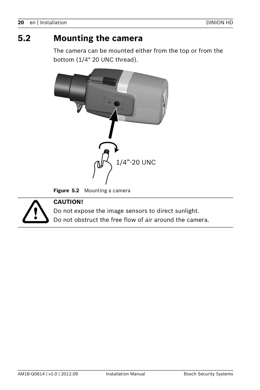 Bosch Appliances NBN-733 installation manual Mounting the camera, 20 UNC 