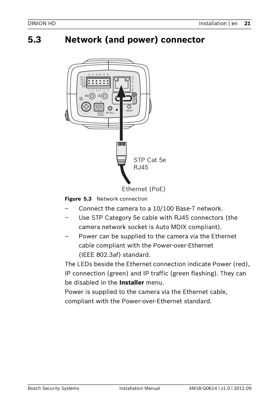 Bosch Appliances NBN-733 installation manual Network and power connector, Network connection 