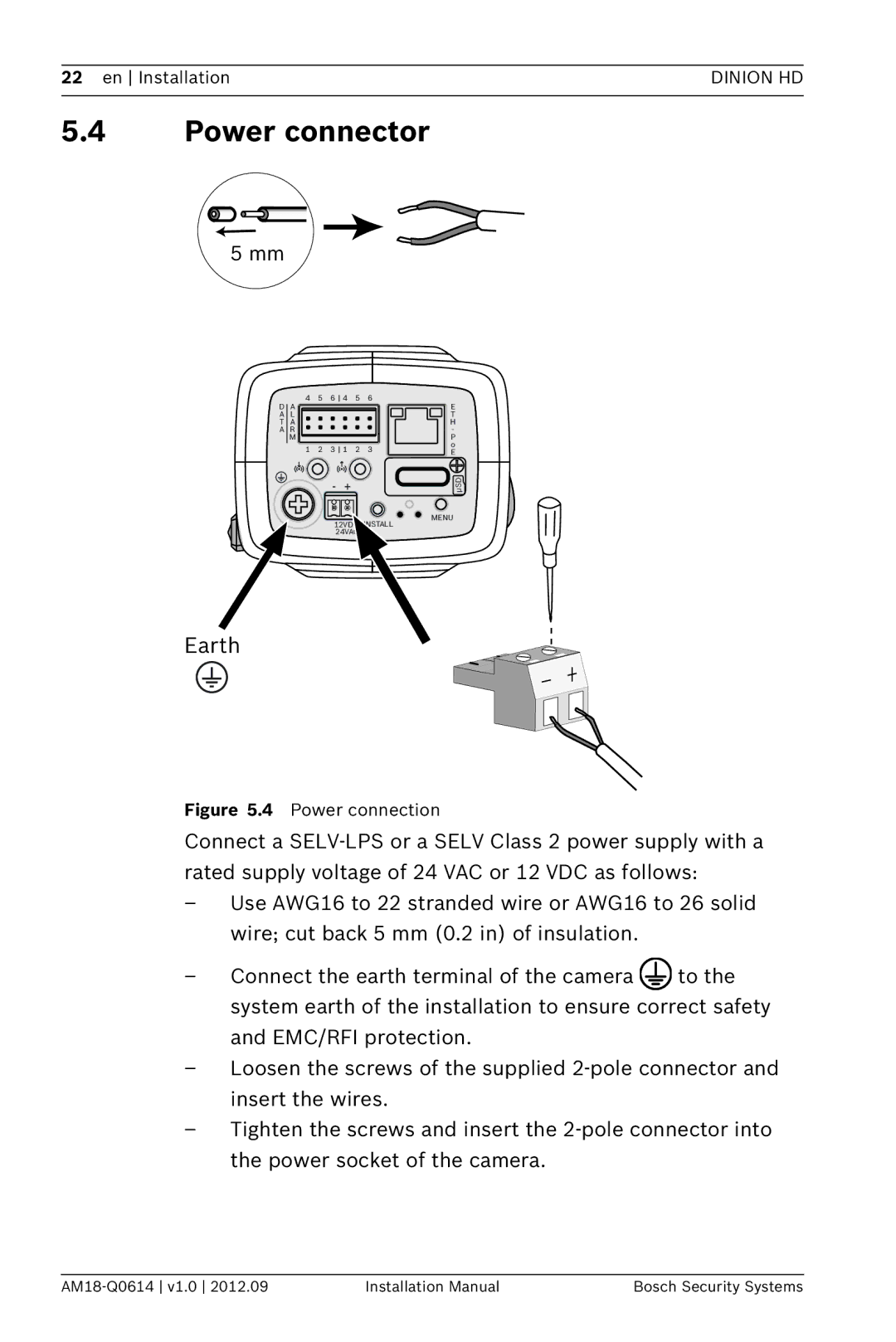 Bosch Appliances NBN-733 installation manual Power connector, Earth 