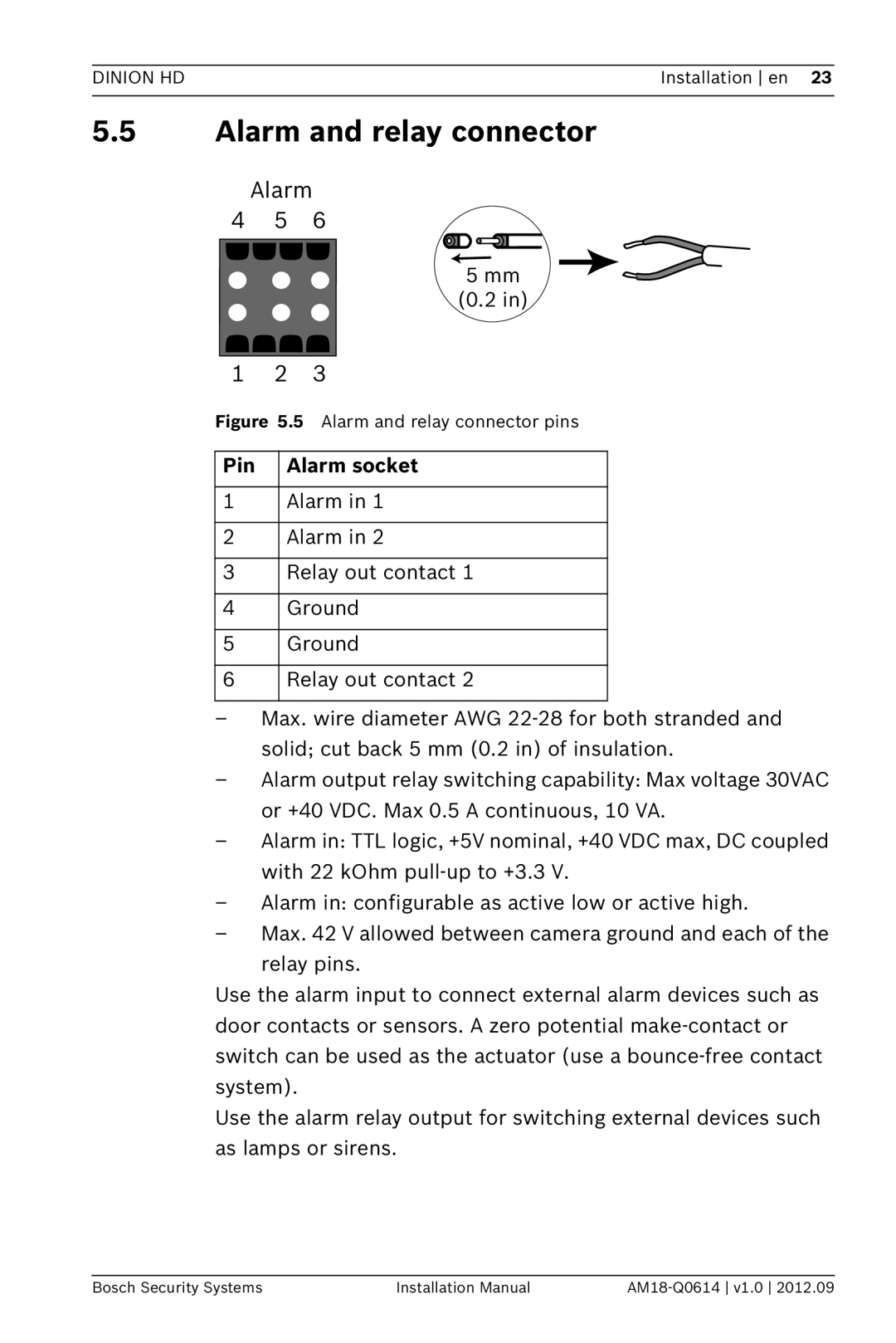 Bosch Appliances NBN-733 installation manual Alarm and relay connector, Pin Alarm socket 