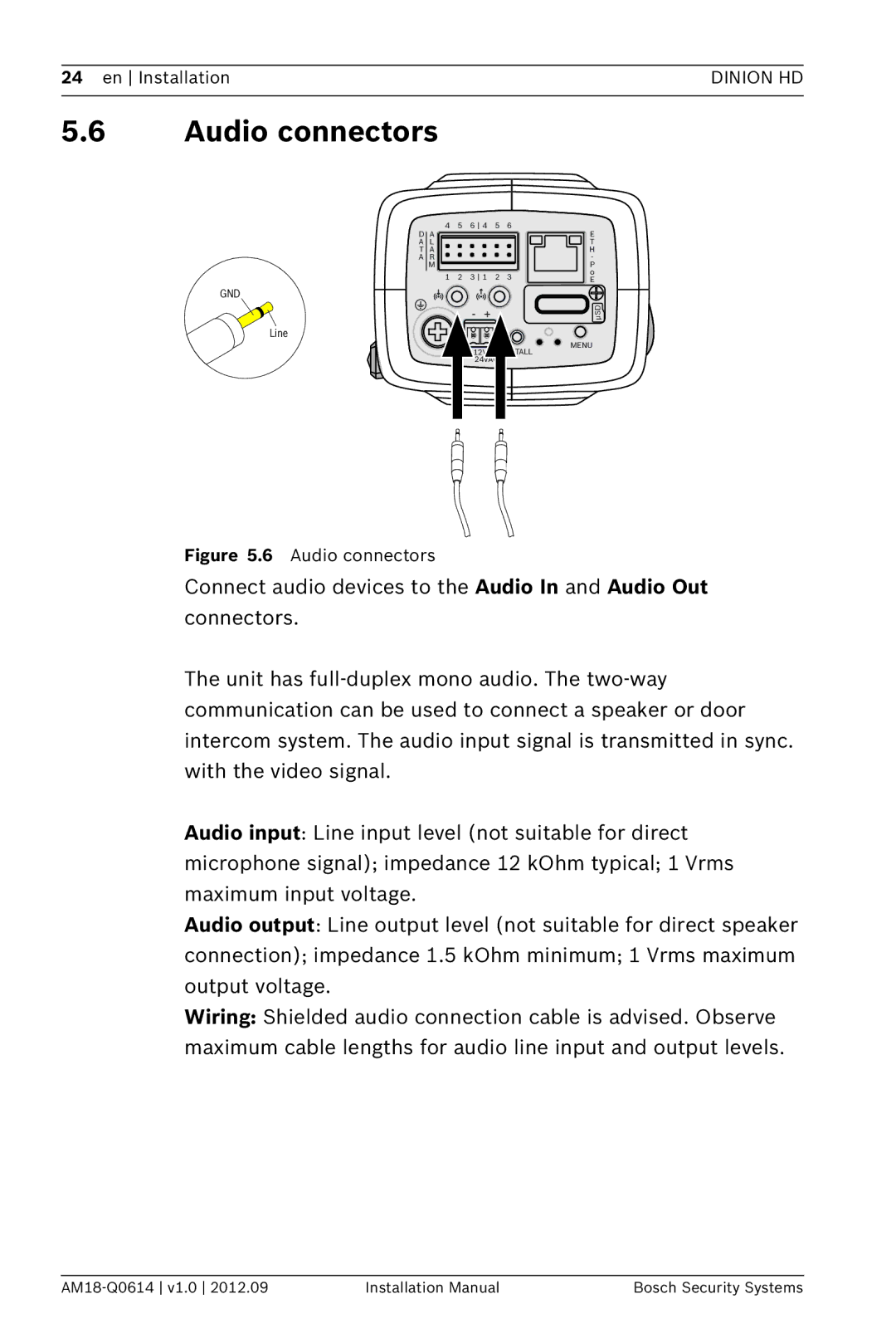 Bosch Appliances NBN-733 installation manual Audio connectors 