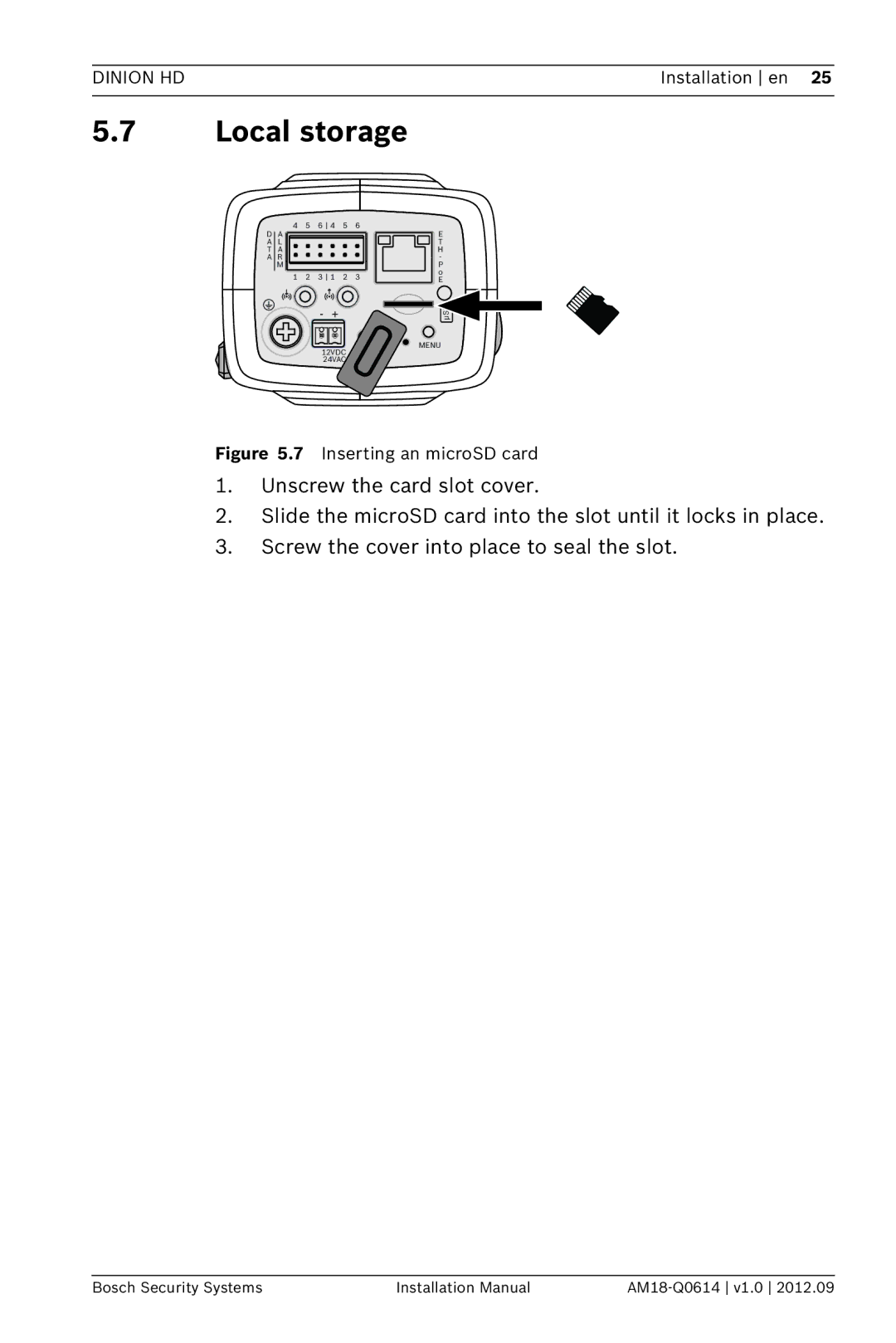 Bosch Appliances NBN-733 installation manual Local storage, Inserting an microSD card 