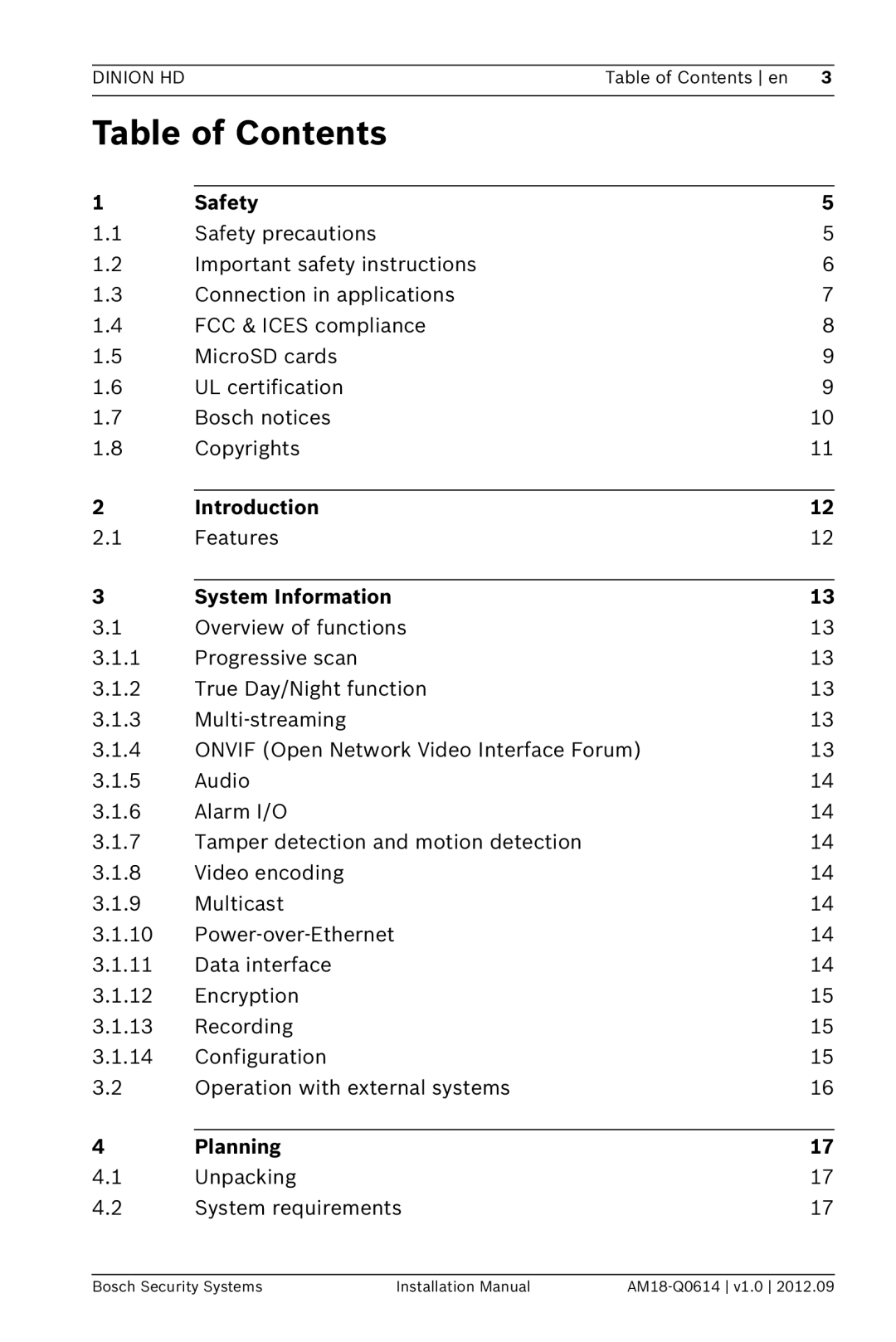 Bosch Appliances NBN-733 installation manual Table of Contents 